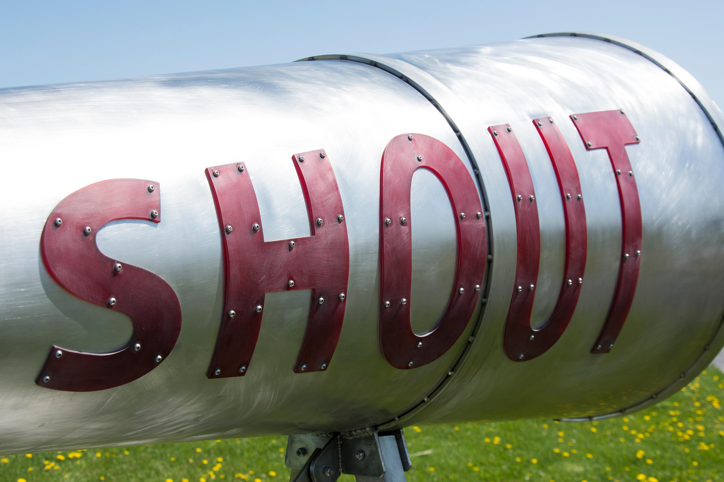 Shout - Interactive Outdoor Steel Sculpture - Gray Still-Life Sculpture by Terence McGlade