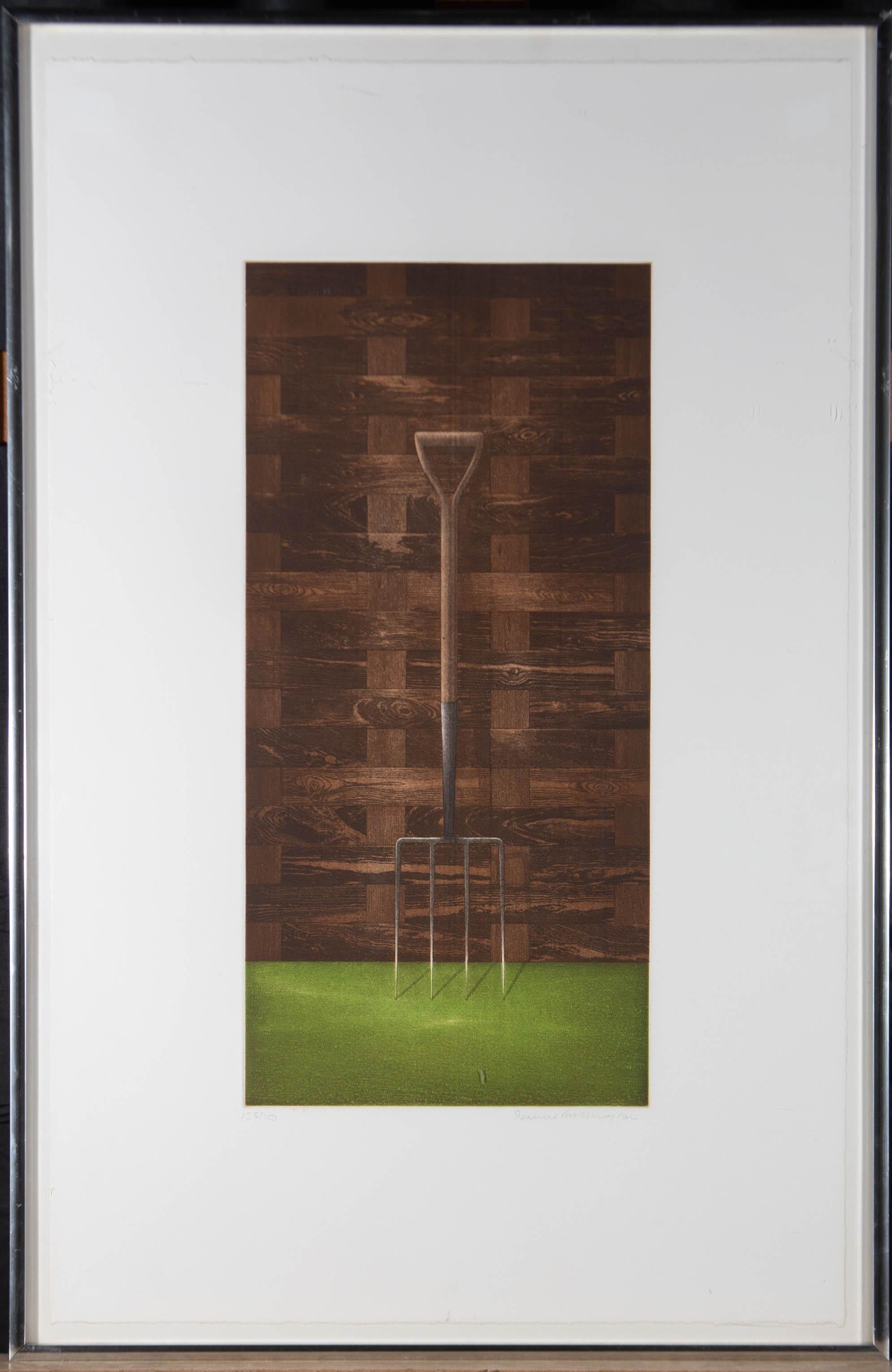 A simple and striking coloured aquatint showing a garden fork propped against a brick wall. This fun still life is signed to the lower right and numbered at the lower left (123/150). It has been presented in a silver metal frame. On wove.
