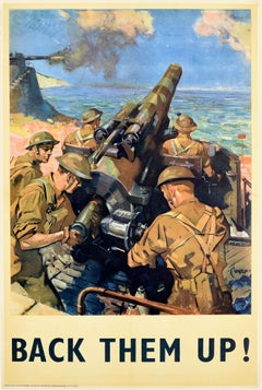 Original Vintage Poster Back Them Up WWII Battle Artillery Coastal Battery Cuneo