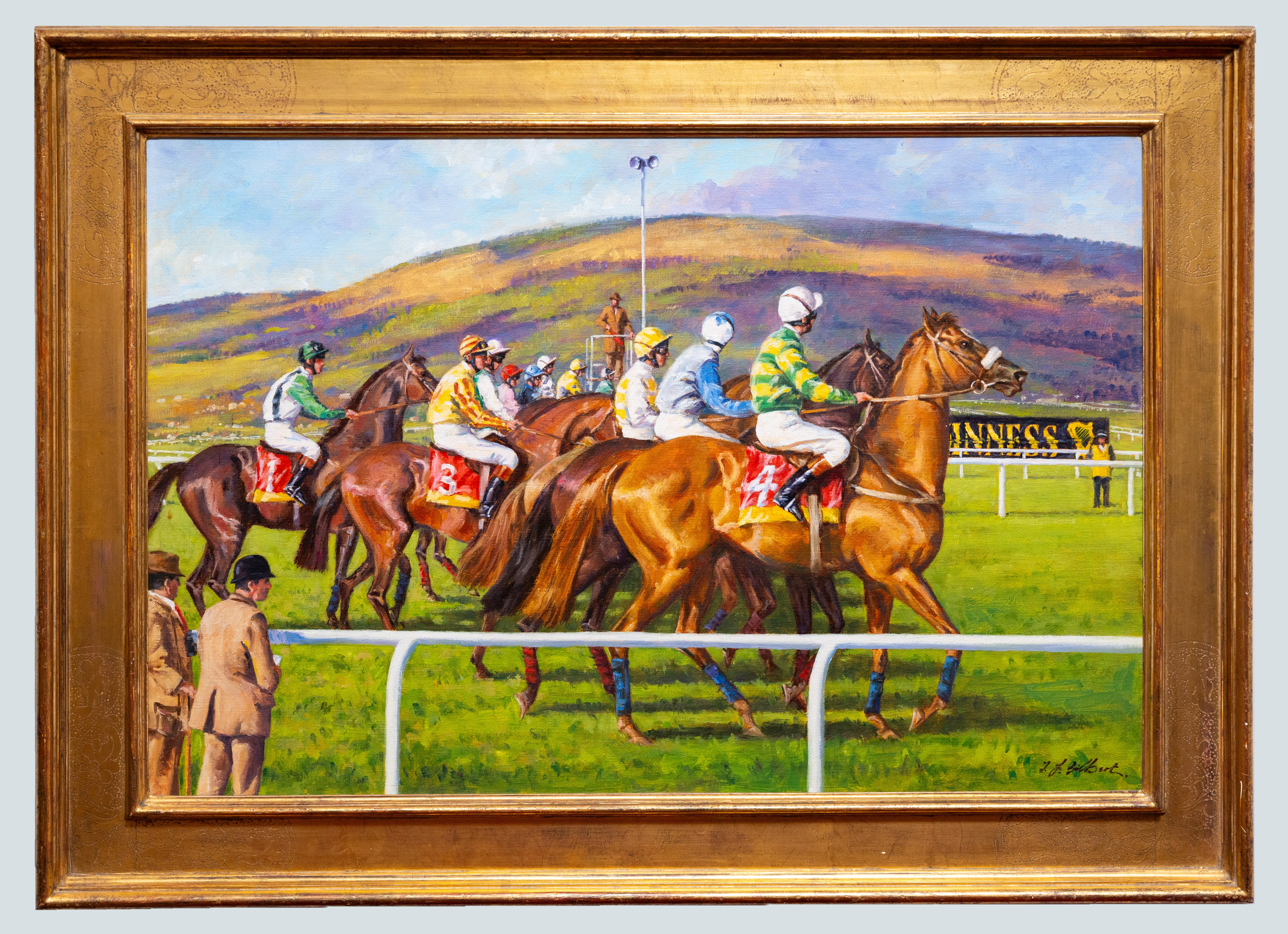 Terence T.F. Gilbert Animal Painting – Der Start in Cheltenham, Tag der Pferderennen von Terence Gilbert, 20. Jahrhundert