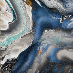 Blue pearl/gold/silver/teal waves. Fluid art abstract original. Contemporary.