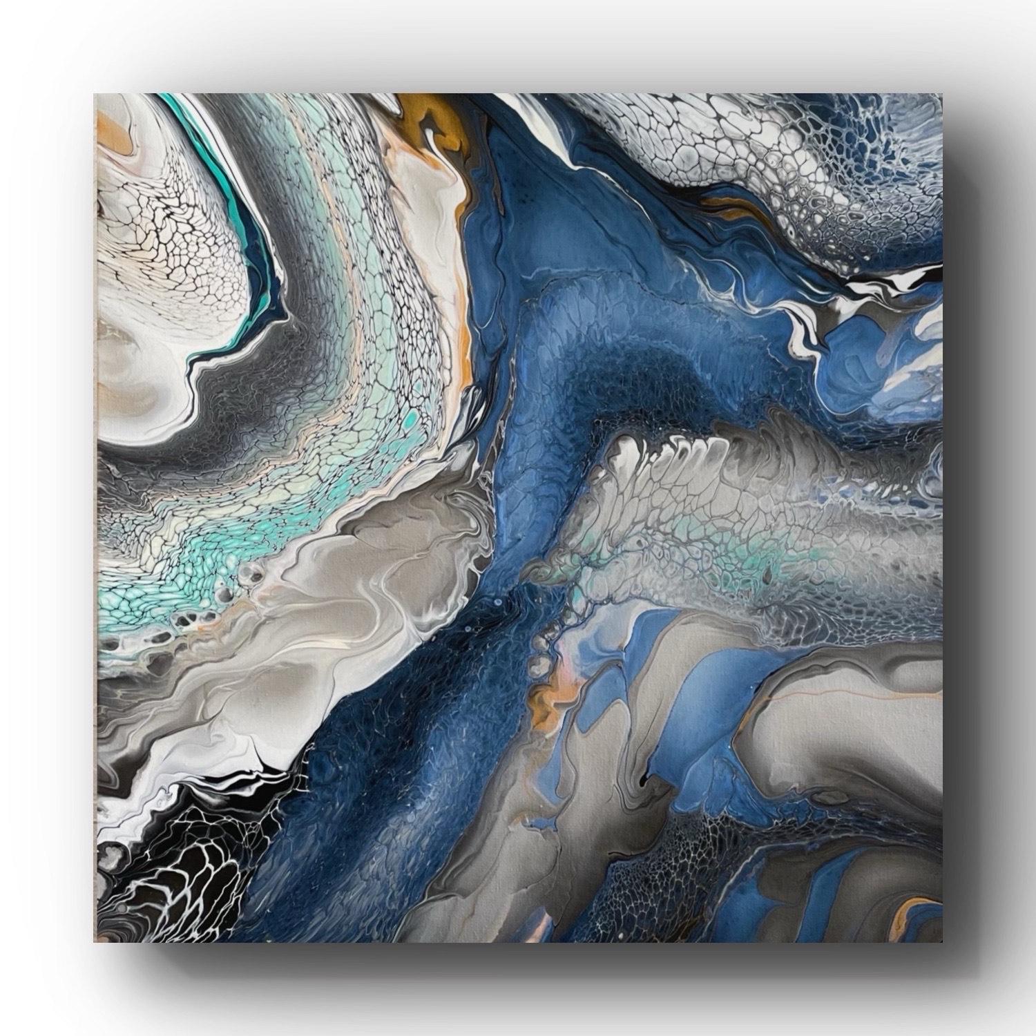 Teresa Nguyen  Abstract Painting - Blue pearl/gold/silver/teal waves. Fluid art abstract original. Contemporary.