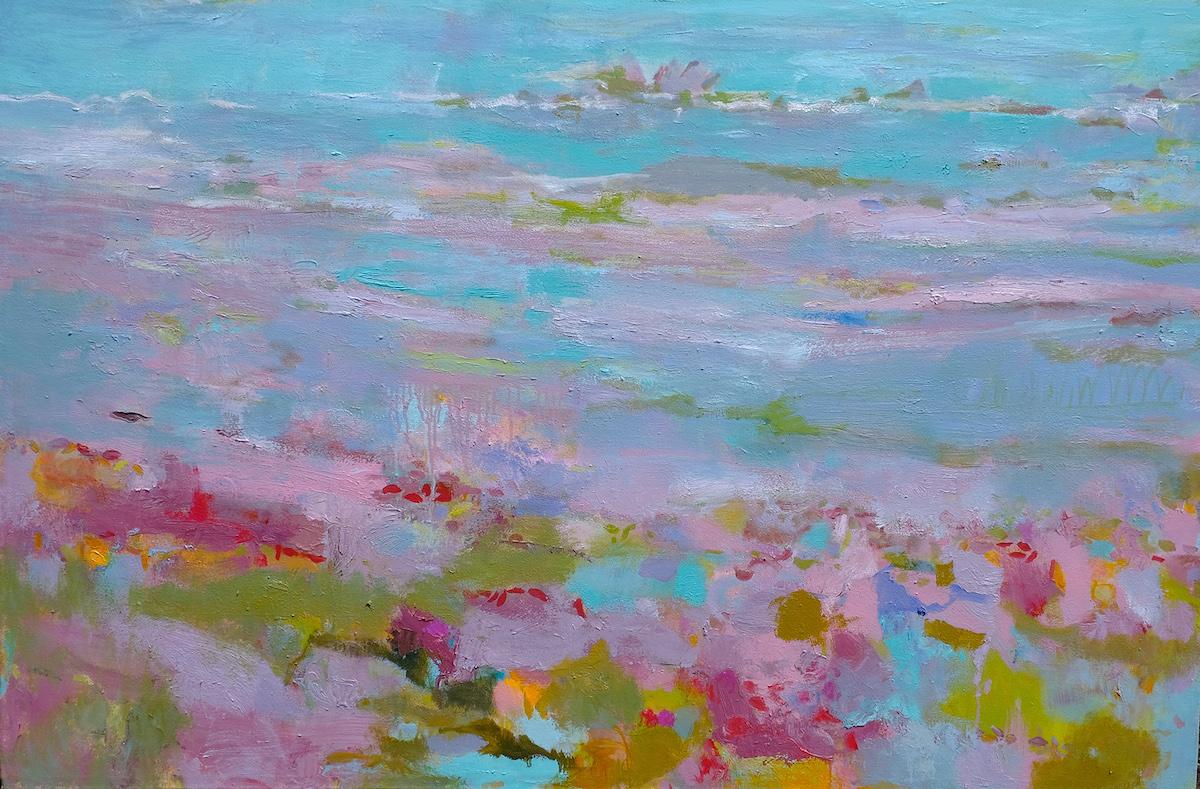 Teresa Pemberton  Abstract Painting – Sommerrosa Licht von Teresa Pemberton, zeitgenössisches Landschaftsgemälde