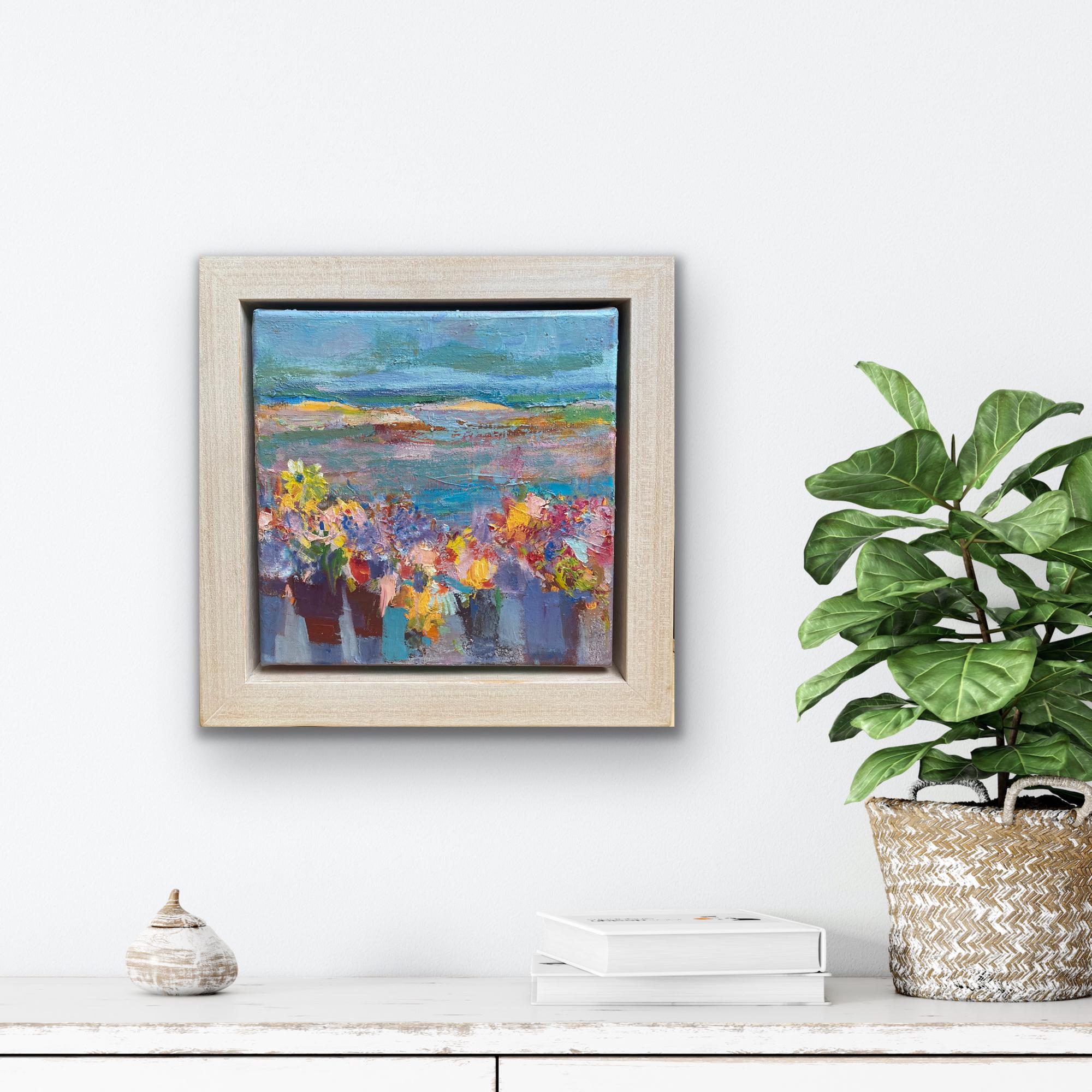 Still Life by Estuary, Semi Abstract Floral Artwork, Vibrant Floral Painting - Gray Abstract Painting by Teresa Pemberton