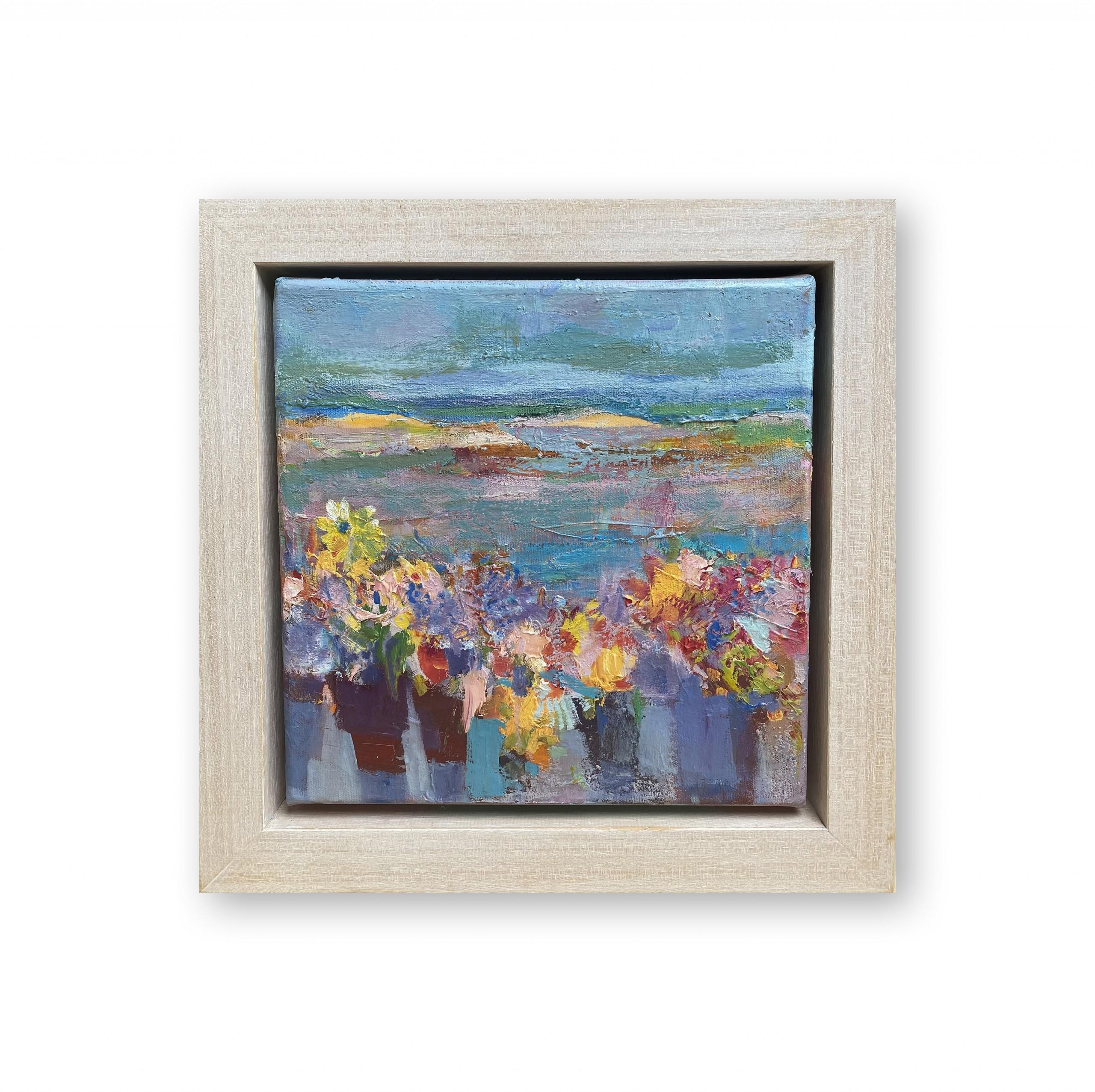 Pots of garden flowers displayed in a window setting. The view is of the Lynher estuary in Cornwall. Painted in impasto oils on canvas.

Discover new works by Teresa Pemberton available to buy online and in our art gallery. A professional artist