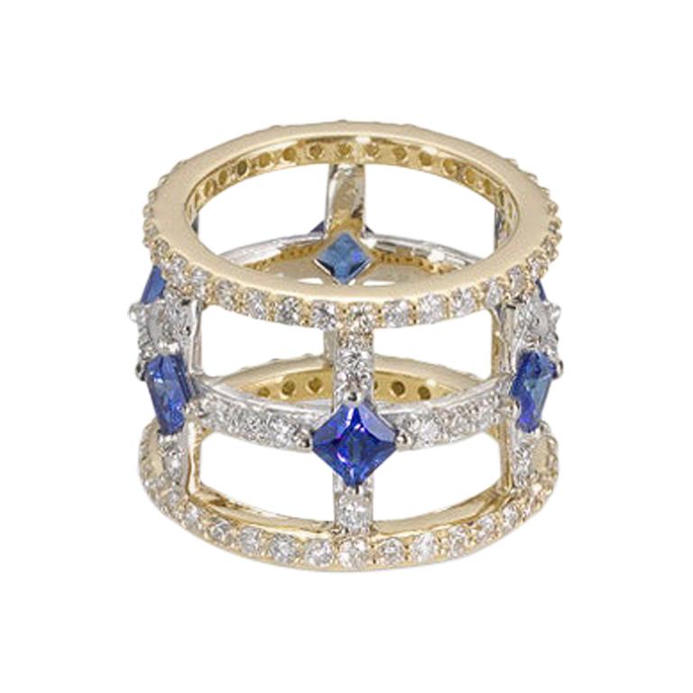 Teresa Small Banded Cage Ring with Princess Cut Sapphires and White Diamonds For Sale