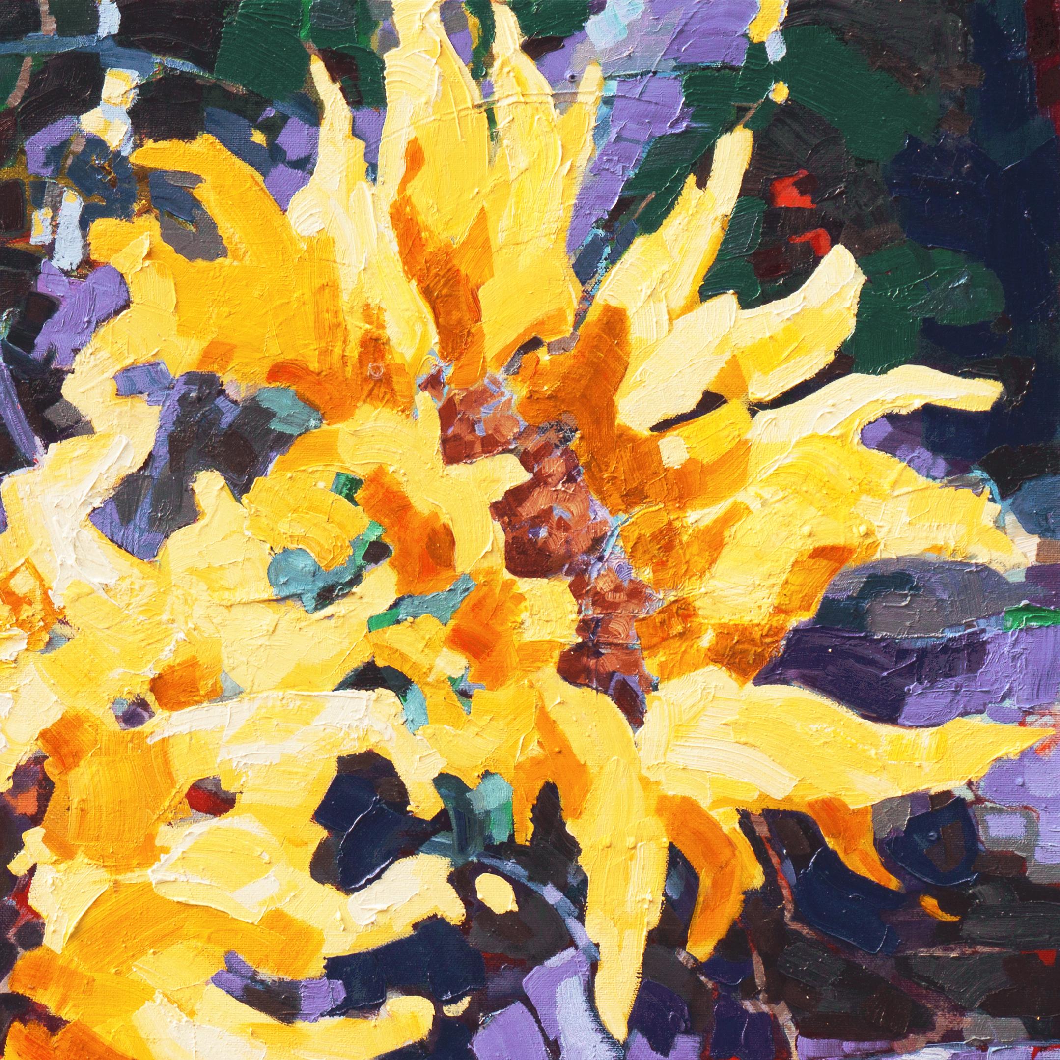 Signed lower right, 'T.K.S' and painted 2019; additionally signed and titled verso.

A large and vibrant study of sunflower blossoms contrasted against a background of fragmented lilac and indigo

(The following is the artists's self-description of