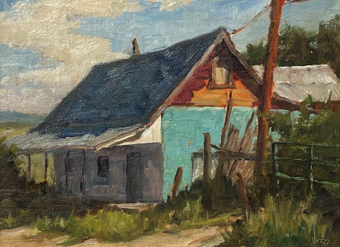 Teresa Vito's "The Turquoise Wall (High Road to Taos)" is an original, hand made oil painting that depicts a rural dwelling with a turquoise wall. 

"Teresa Vito's paintings reflect the beauty she sees all around her.   She loves painting living