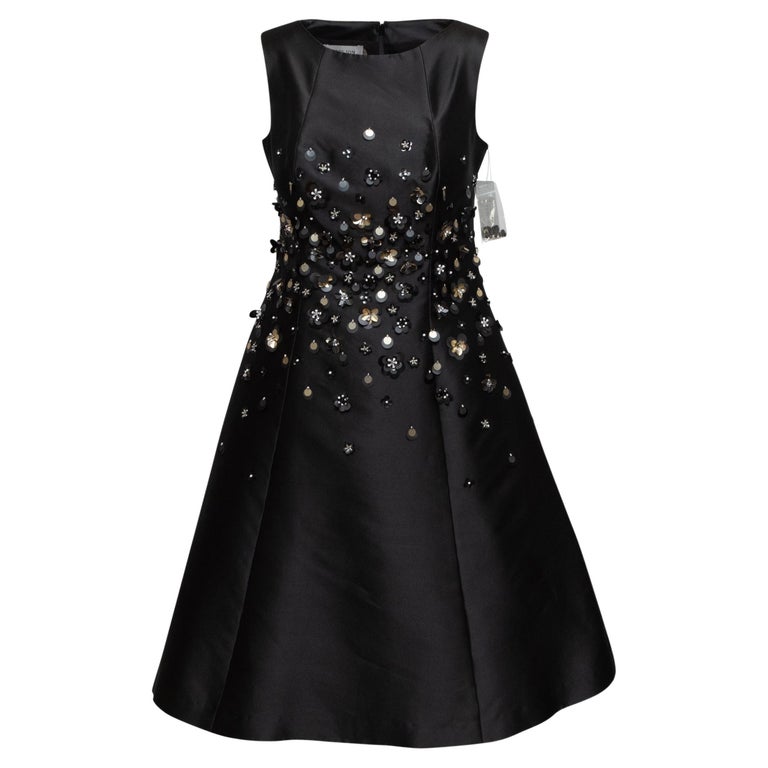 Teri John Black Satin Floral-Embellished Cocktail Dress For Sale at 1stDibs