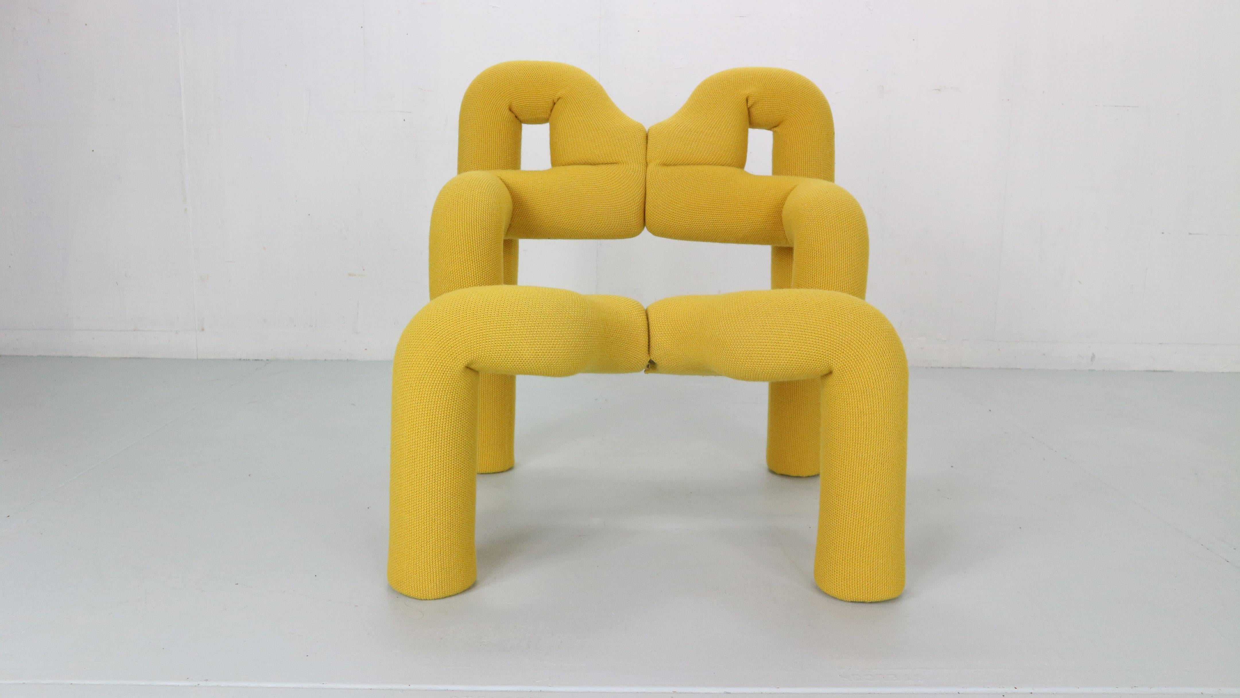 Iconic armchair- lounge chair designed by Terje Ekström and manufactured by Stokke in 1970's period, Norway.
The chairs are both modern and yet very functional. 
The design dates from the late 1970s. The colour is mustard yellow and it has been
