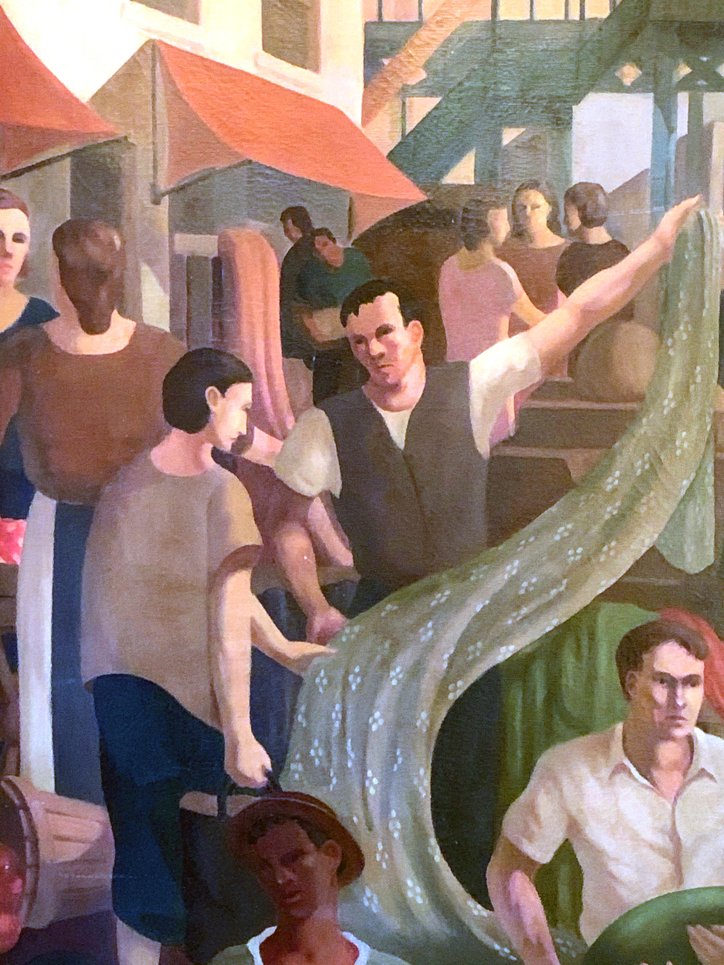 One of the finest WPA period murals we have offered, this scene of the Bronx market with sellers and buyers crowding around a subway stop and a rising cluster of buildings to one side was painted by Morris Sirota in 1934. Like the periods best