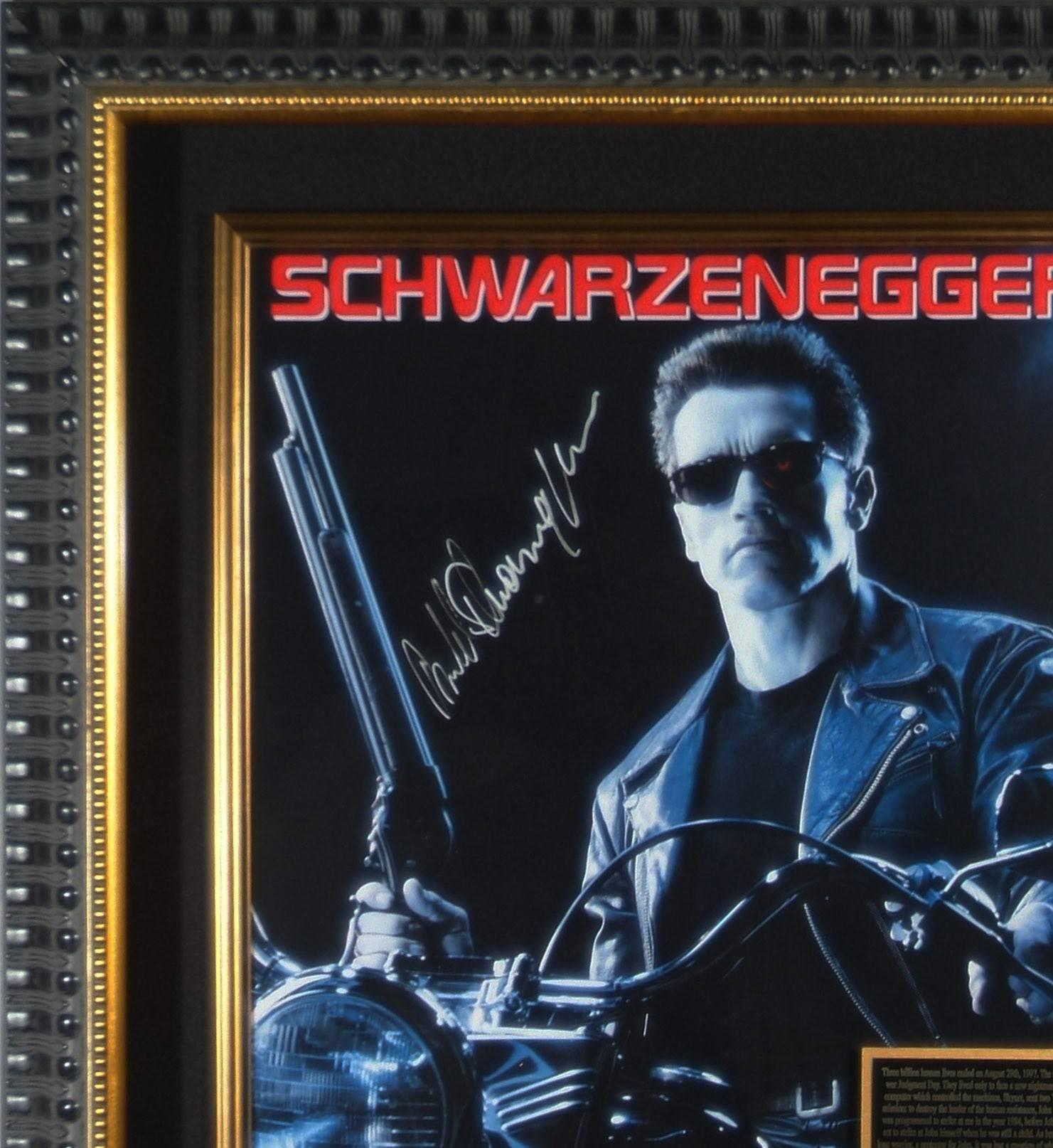 'Terminator 2' autographed movie poster framed memorabilia display 

• Featuring a 17.5 x 24” official 'Terminator 2: Judgement Day' movie poster
• Signed by Arnold Schwarzenegger
• Product weight: 12kg
• Frame dimensions: inches: 91 cm x 76