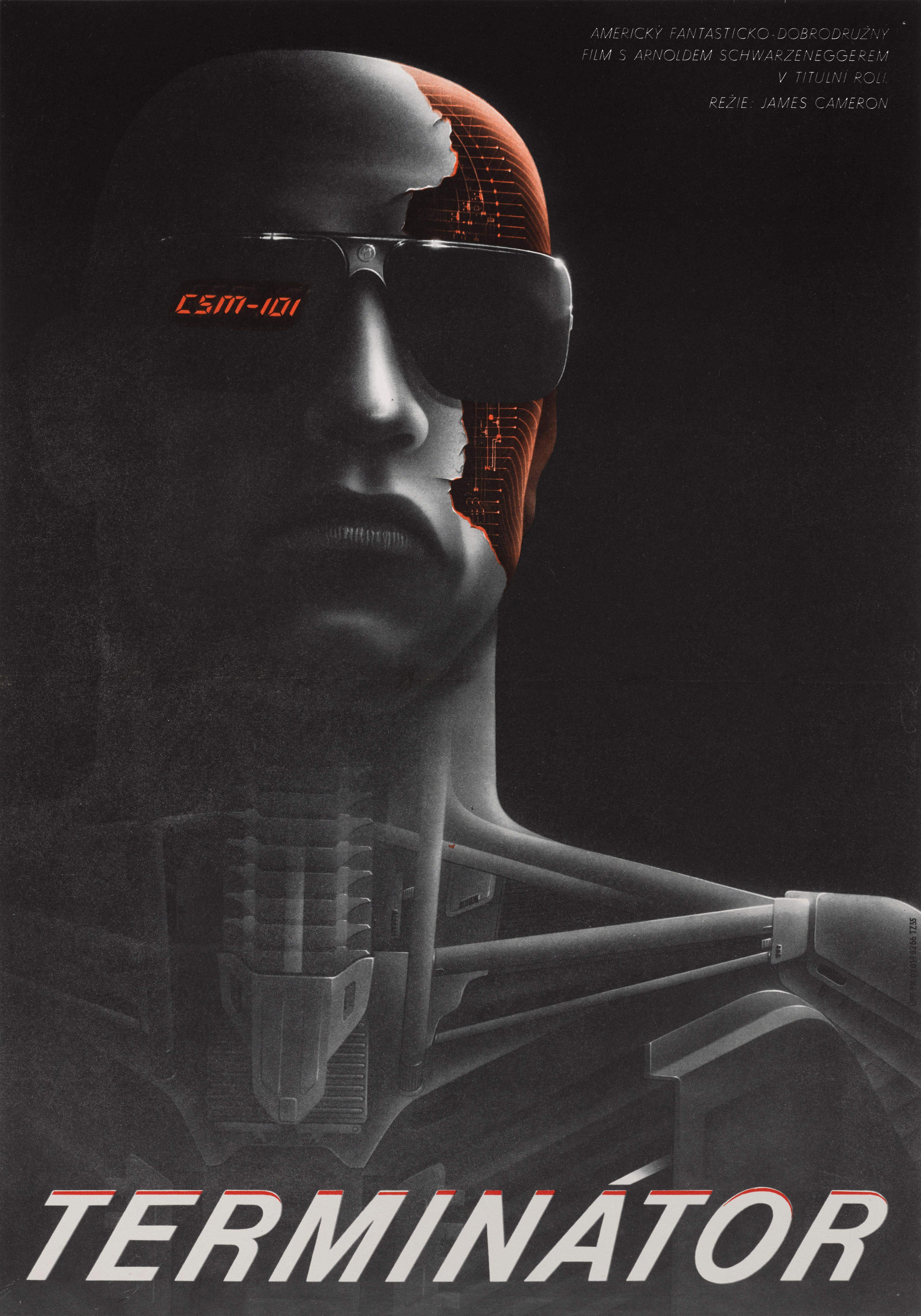 Original tschechisches Filmplakat für Arnold Schwarzenegger Classic, Science-Fiction-Film von 1984 unter der Regie von James Cameron. Das fabelhafte Kunstwerk auf diesem Plakat wurde nur für die tschechische Veröffentlichung dieses Films geschaffen