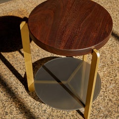 "Ternary" Side Table Walnut, Brass, Grey Acid Etched Glass