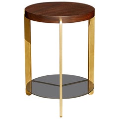 "Ternary" Side Table Walnut, Brass, Grey Acid Etched Glass