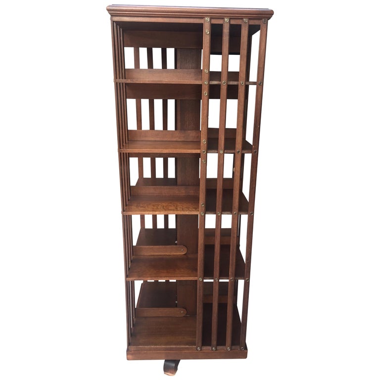Terquem, Rare High Rotating Bookcase in Solid Walnut Has 5 Shelves, 19th Century