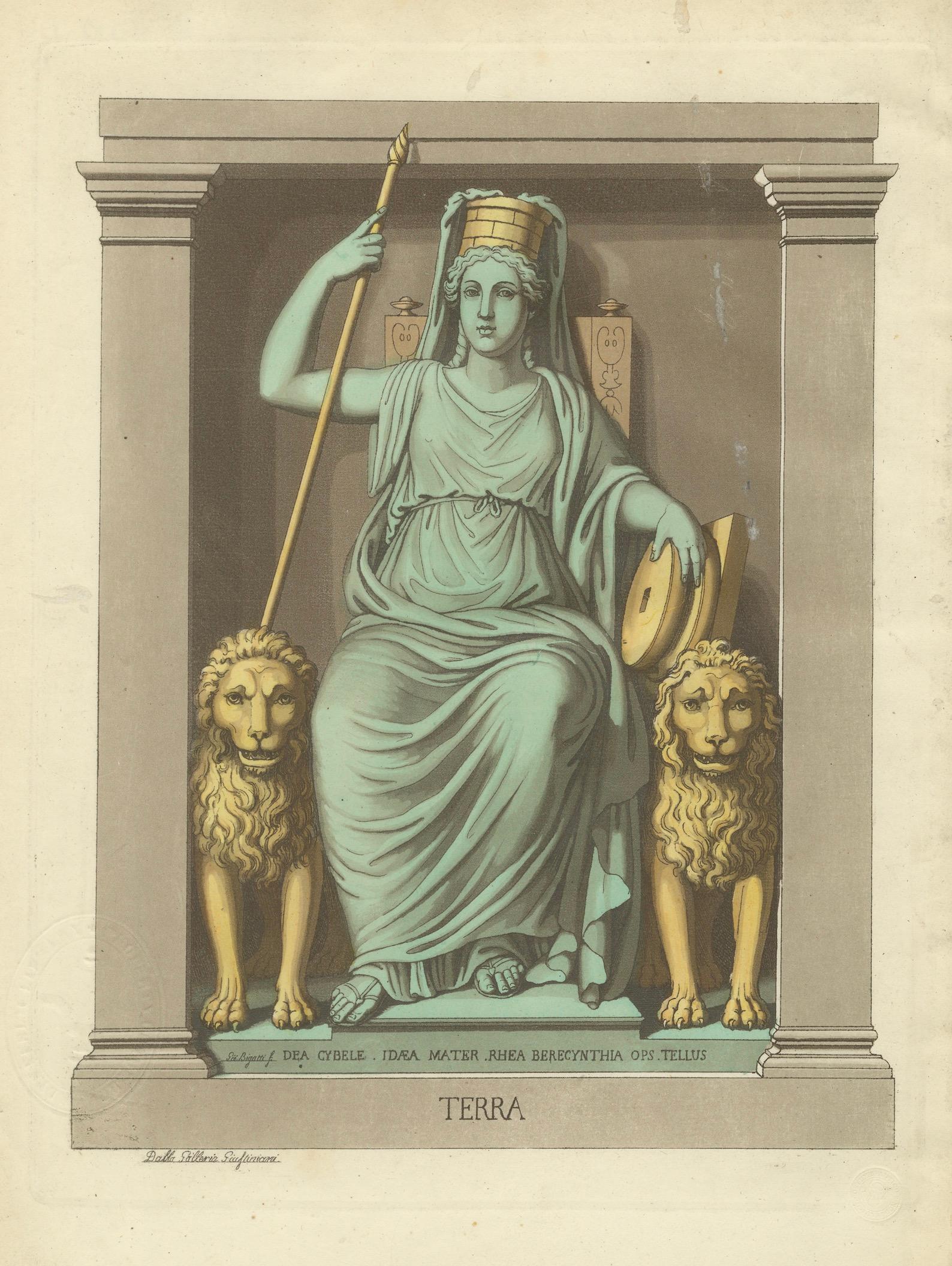 Terra Allegory, Cybele Mother Earth, Antique Hand-Colored Engraving 1815