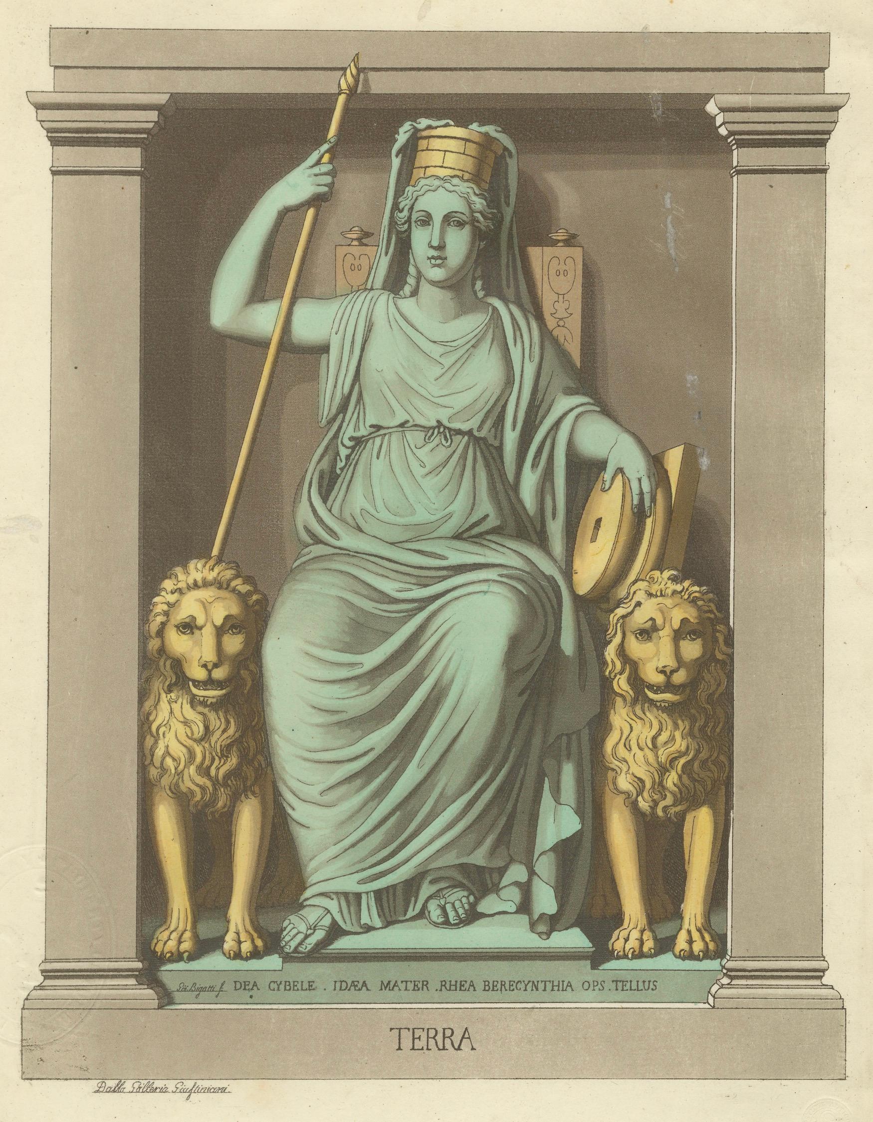 Terra Allegory, Cybele Mother Earth, Antique Hand-Colored Engraving 1815