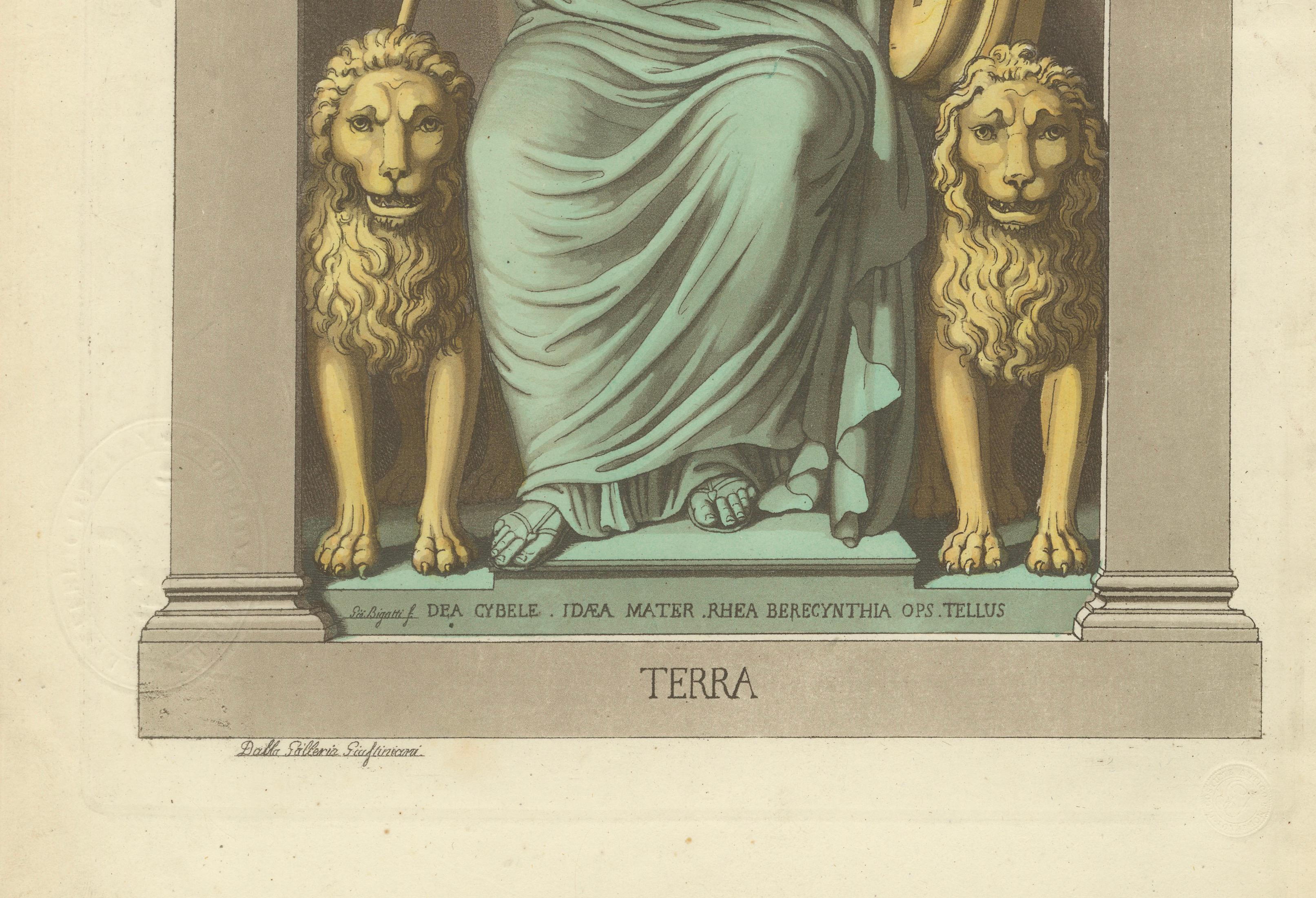 Terra Allegory, Cybele Mother Earth, Antique Hand-Colored Engraving 1815