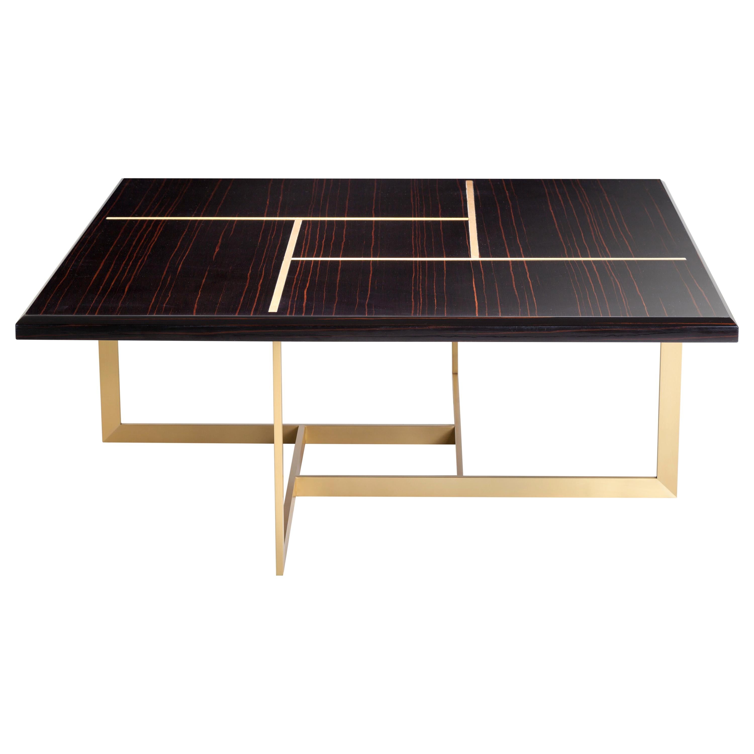 TERRA Coffee Table in Glossy Ebony Makassar Top and Antique Brass Base For Sale