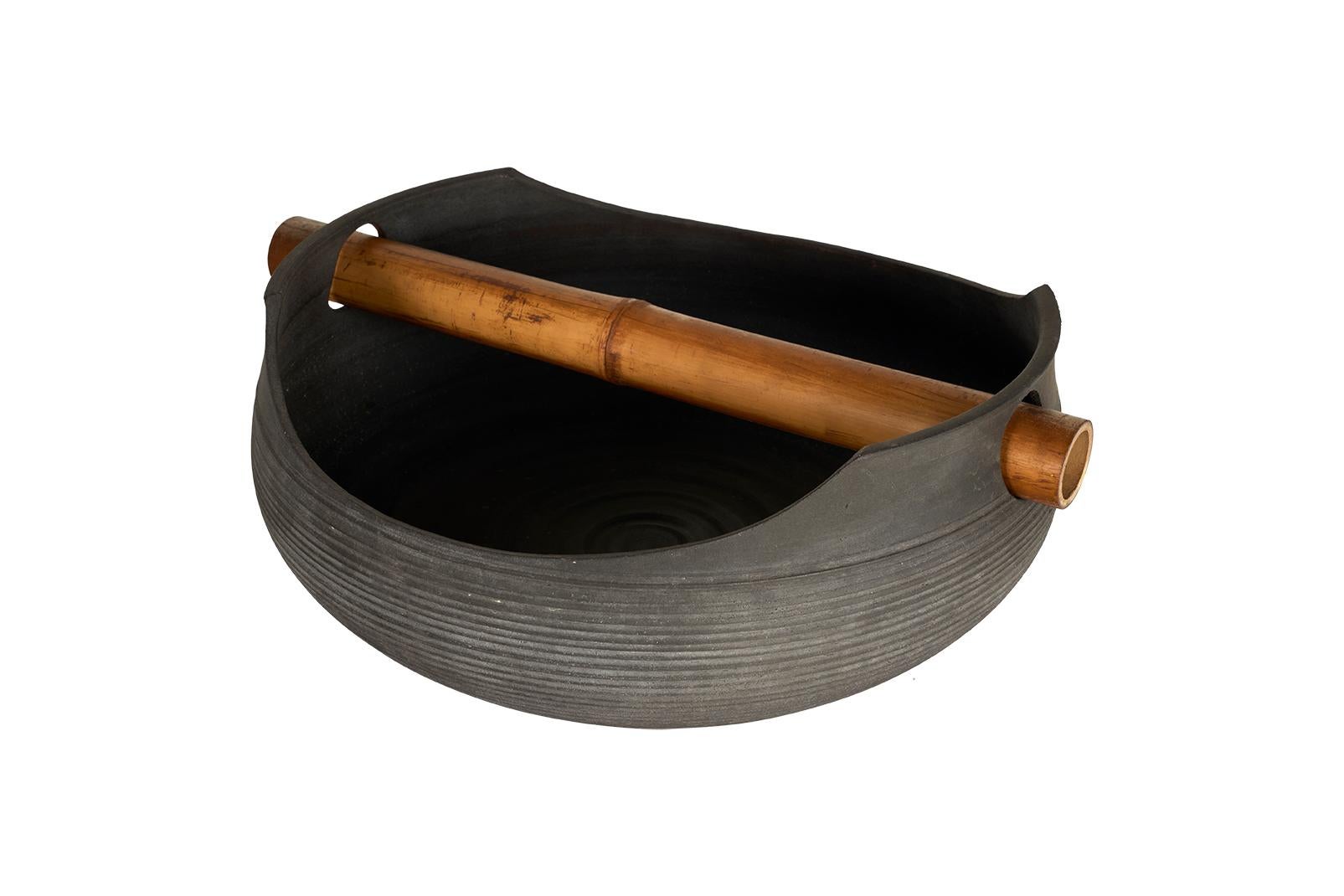 Organic Modern Terra Cotta Bowl with Bamboo Handle