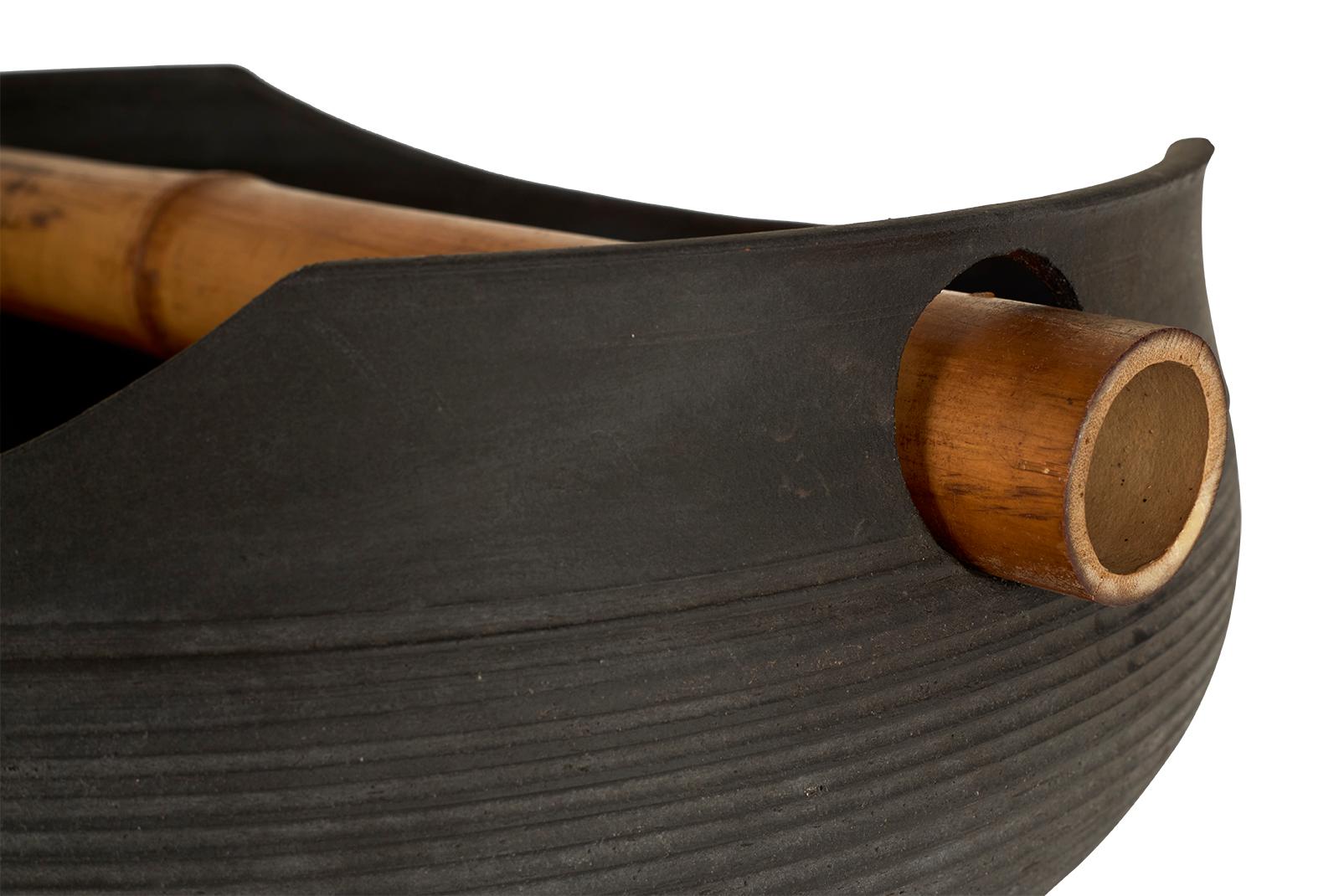 20th Century Terra Cotta Bowl with Bamboo Handle