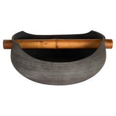 Vintage Terra Cotta Bowl with Bamboo Handle