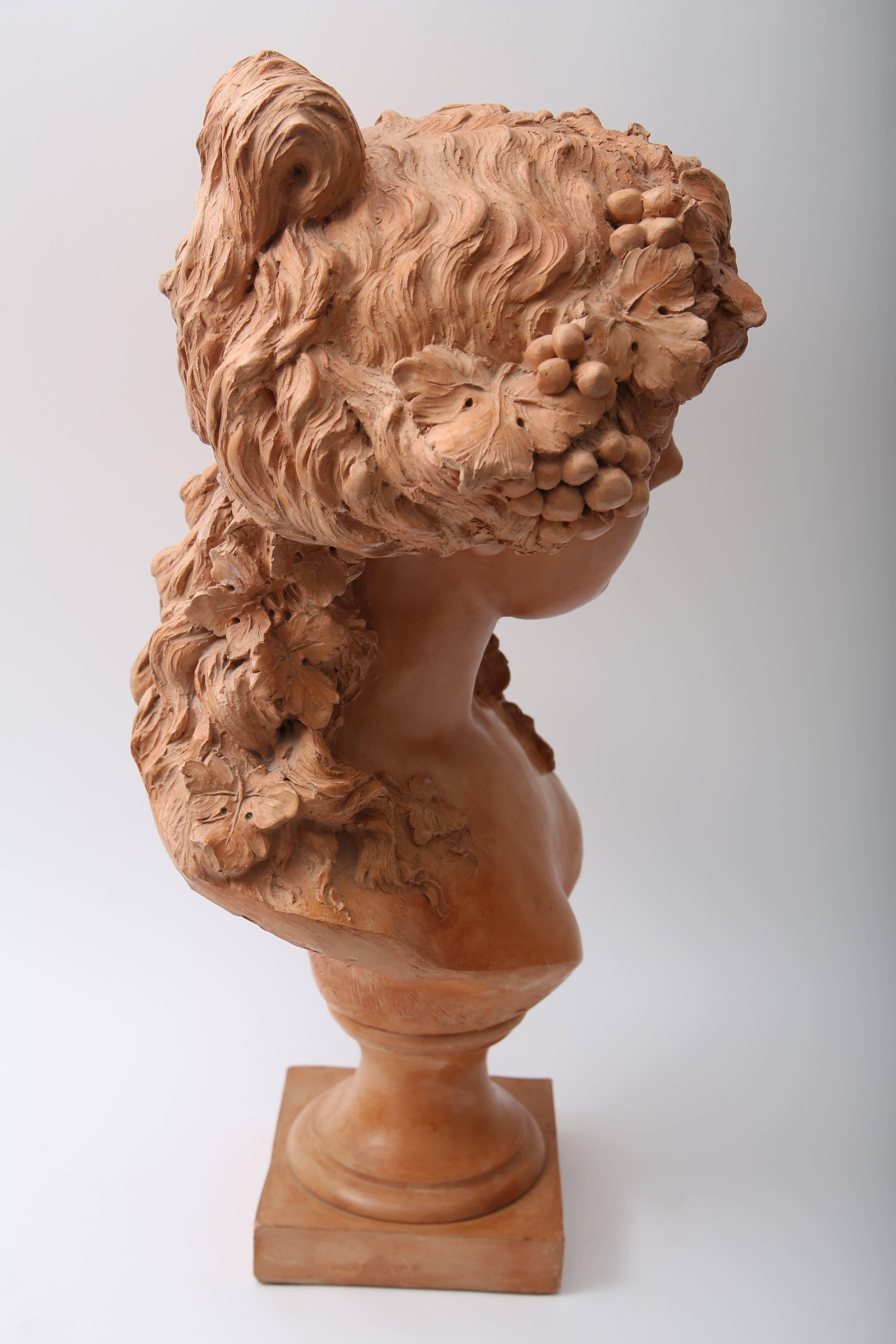Hand-Crafted Terra Cotta Bust of a Bacchanalian Young Girl