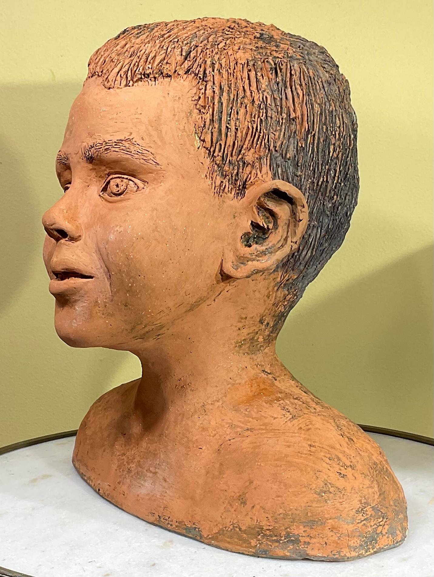 American Classical Terra Cotta Bust of a Handsome Kid, Signed M.D For Sale