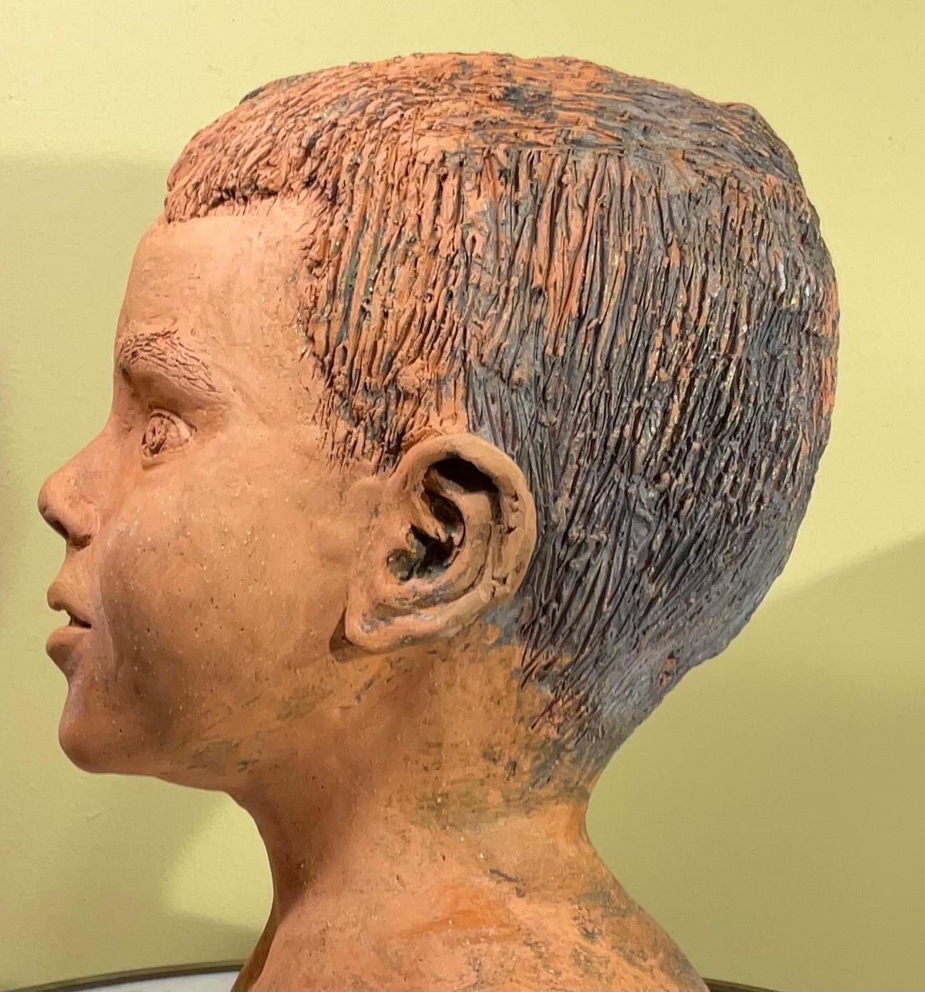 American Terra Cotta Bust of a Handsome Kid, Signed M.D For Sale