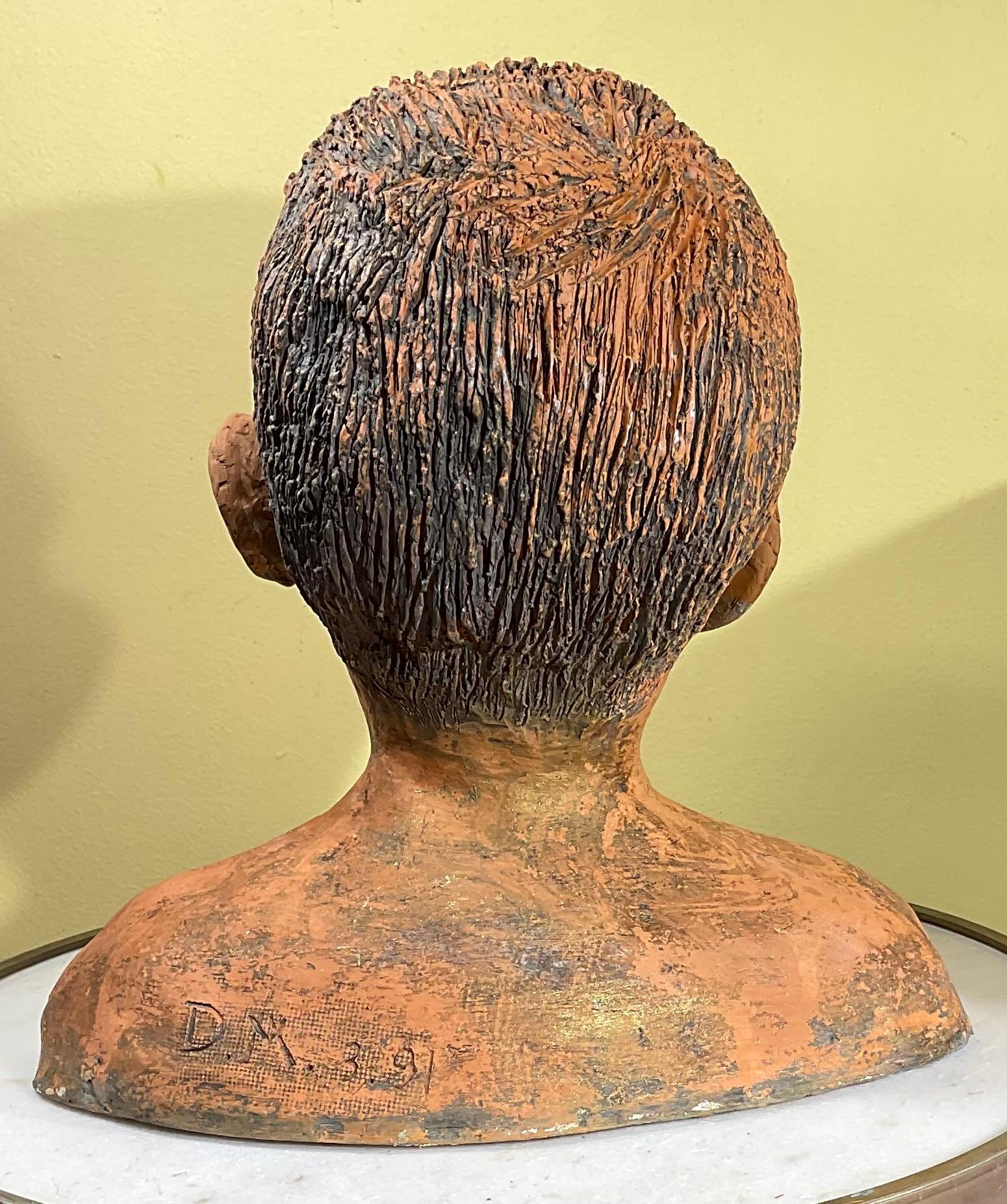 Hand-Crafted Terra Cotta Bust of a Handsome Kid, Signed M.D For Sale