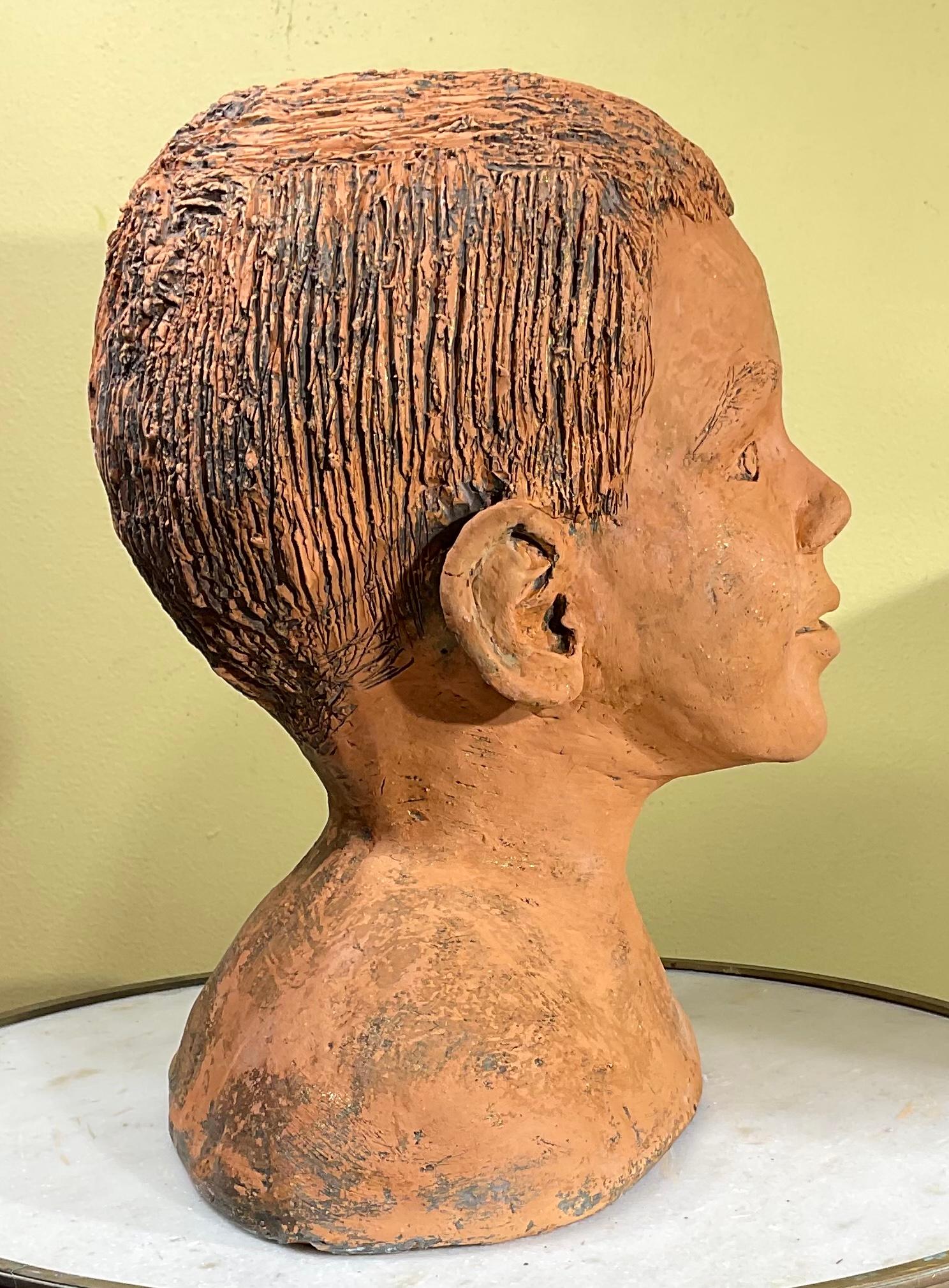 20th Century Terra Cotta Bust of a Handsome Kid, Signed M.D For Sale