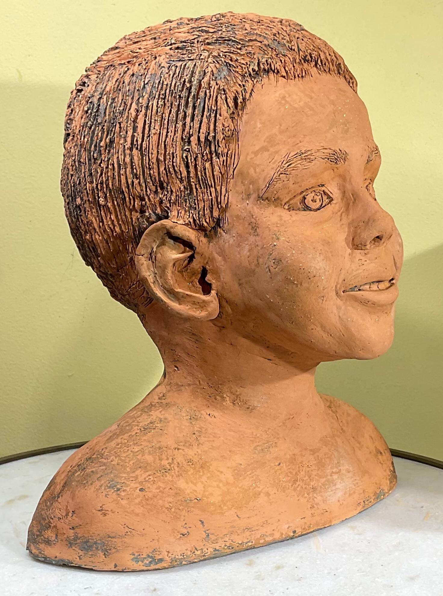 Terracotta Terra Cotta Bust of a Handsome Kid, Signed M.D For Sale
