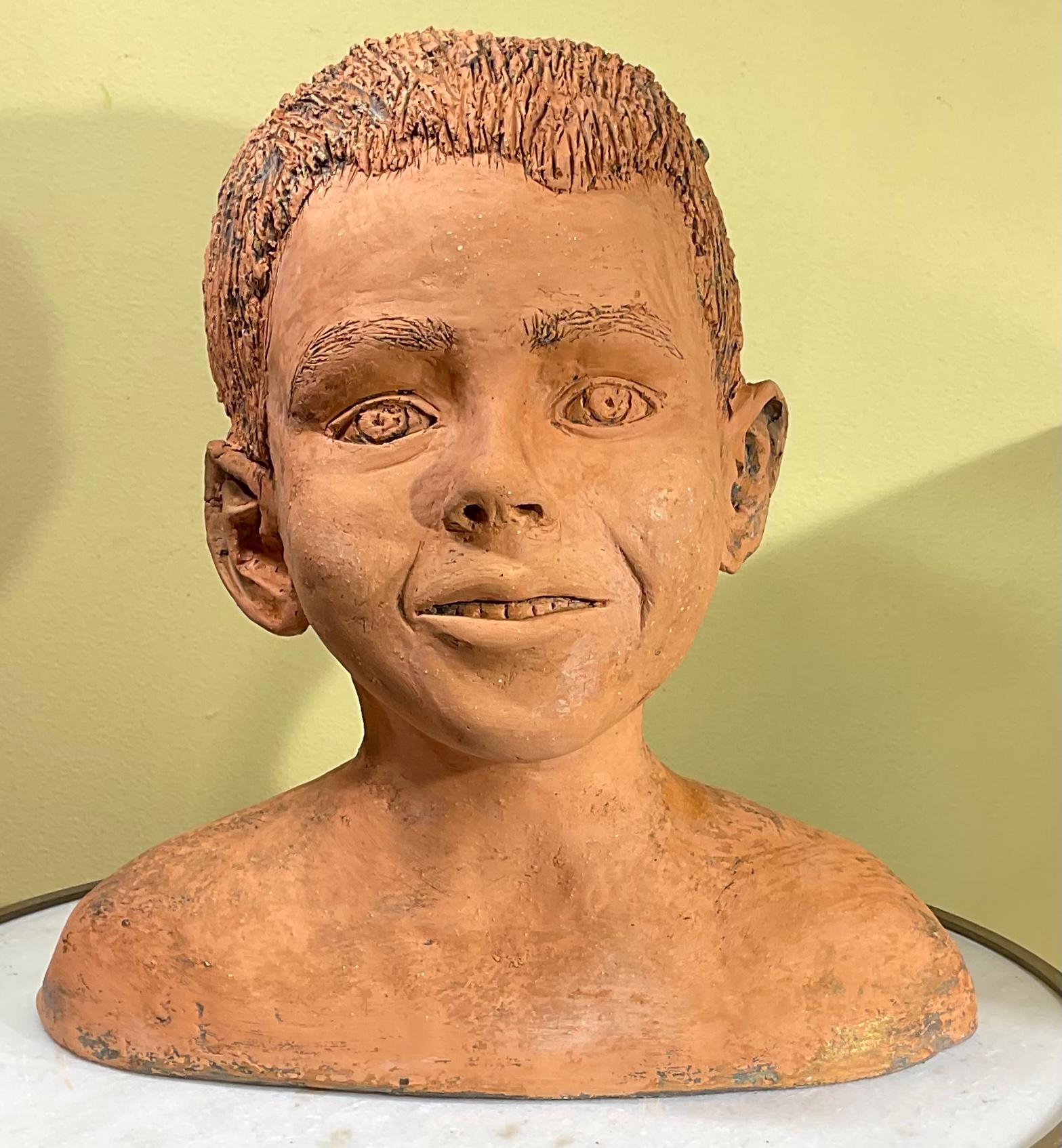 Terra Cotta Bust of a Handsome Kid, Signed M.D For Sale 1