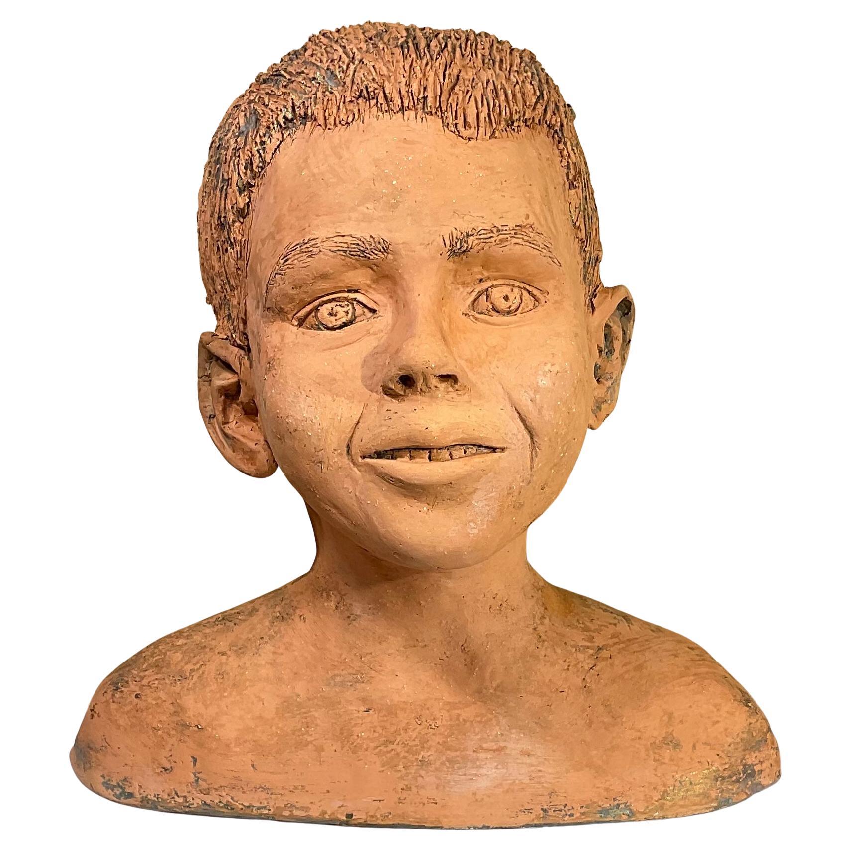 Terra Cotta Bust of a Handsome Kid, Signed M.D For Sale