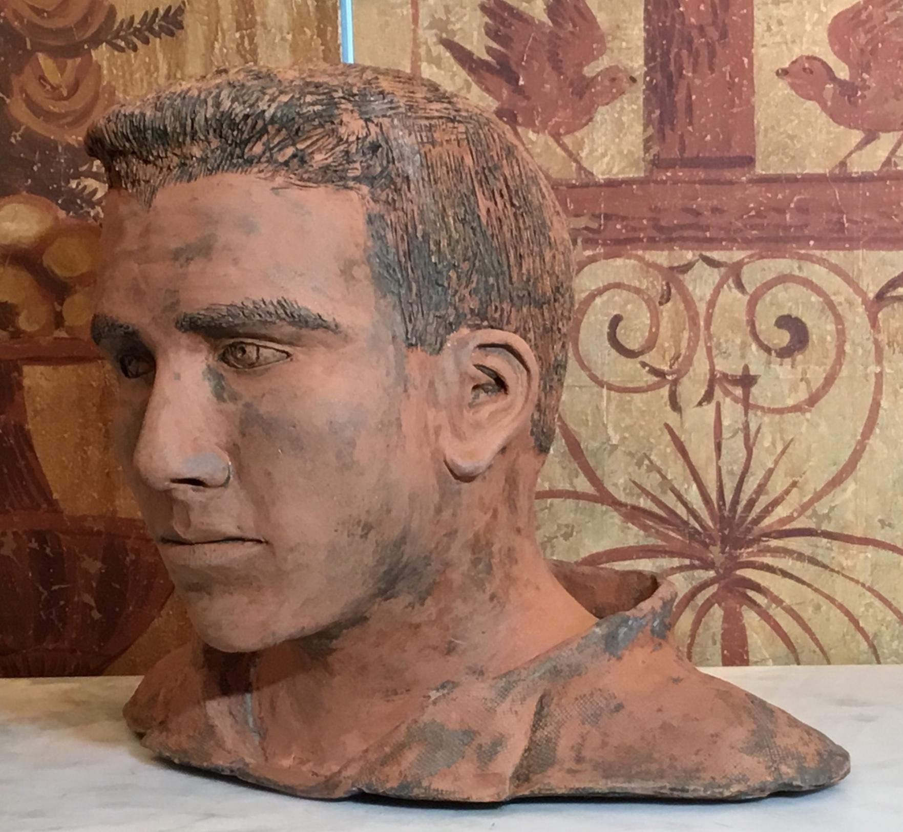 American Classical Terra Cotta Bust of a Handsome Man Signed M.D