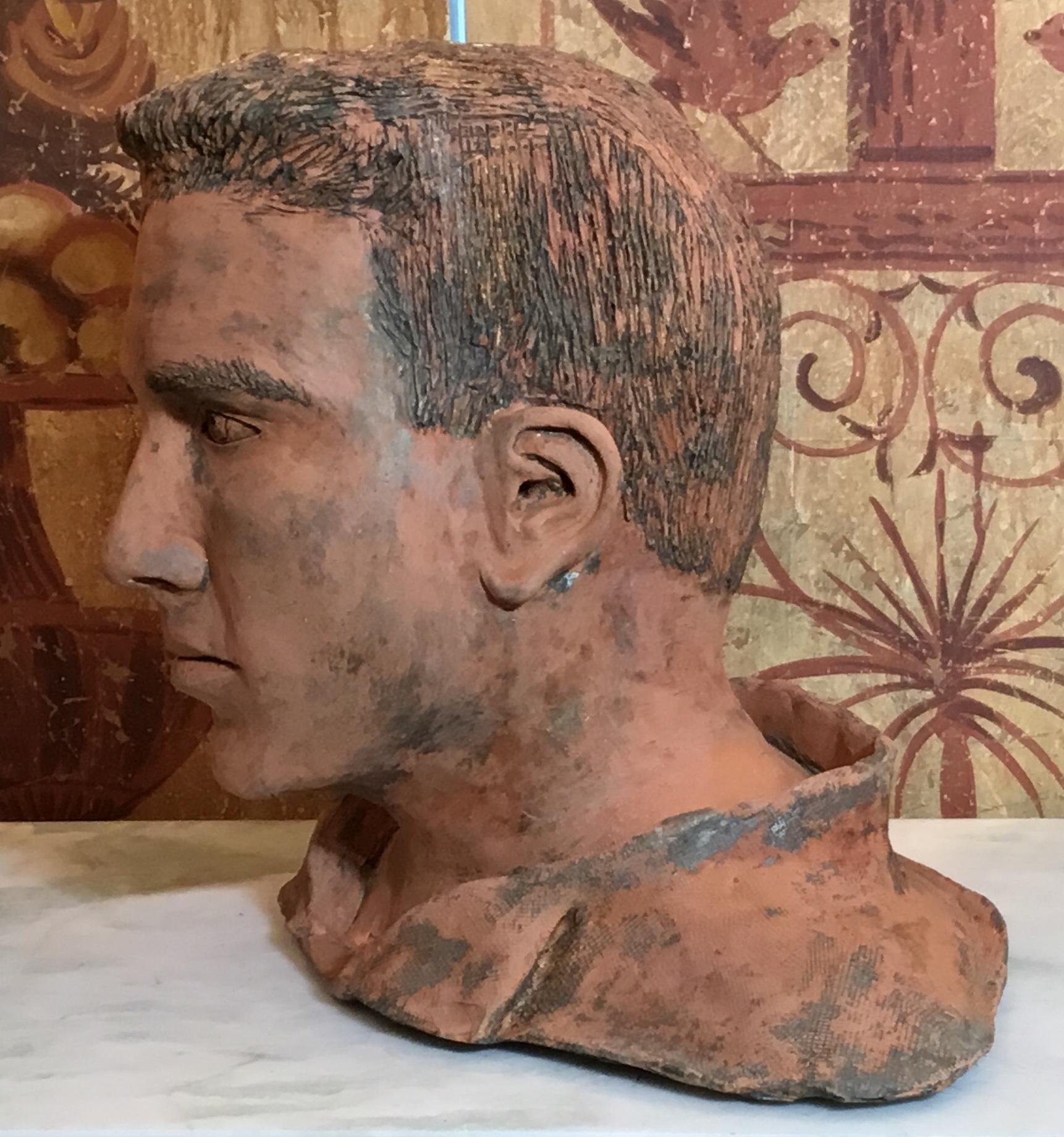 American Terra Cotta Bust of a Handsome Man Signed M.D