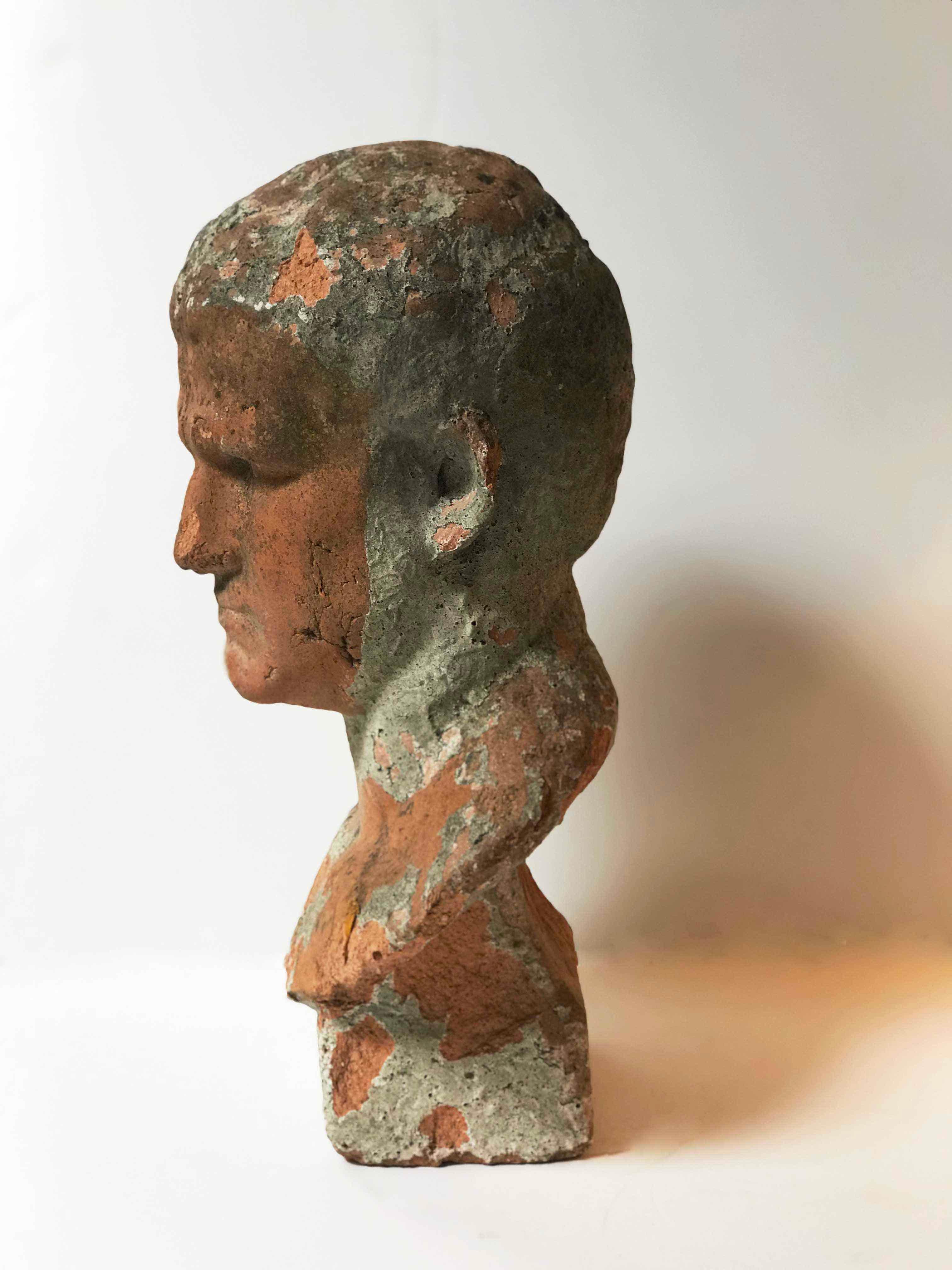 American Classical Terra Cotta Bust of Man with Cement Remnants from France