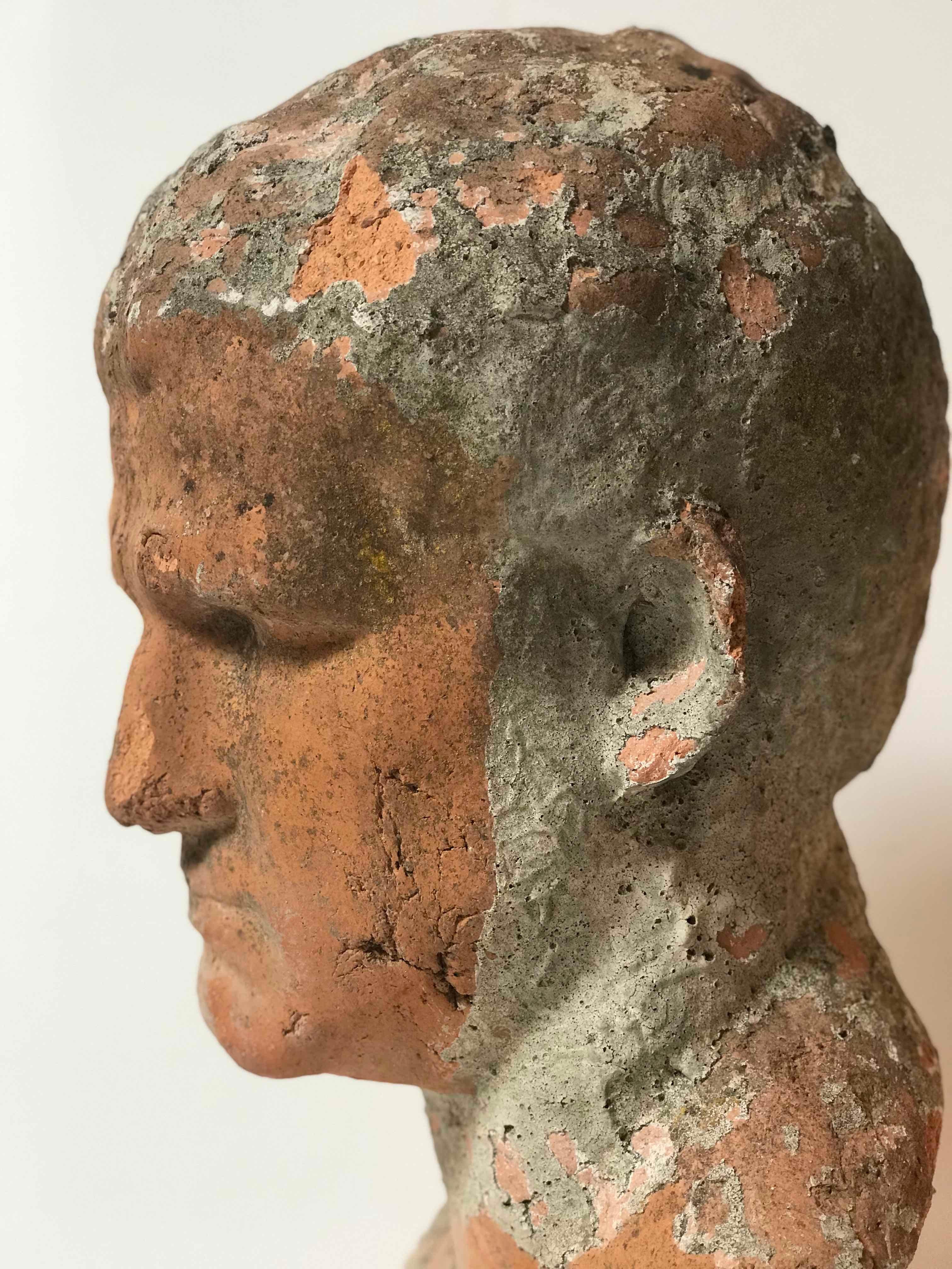 American Terra Cotta Bust of Man with Cement Remnants from France