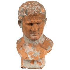 Terracotta Bust of Man with Cement Remnants from France