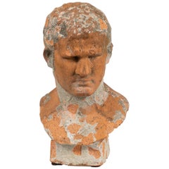 Terracotta Bust of Man with Cement Remnants from France