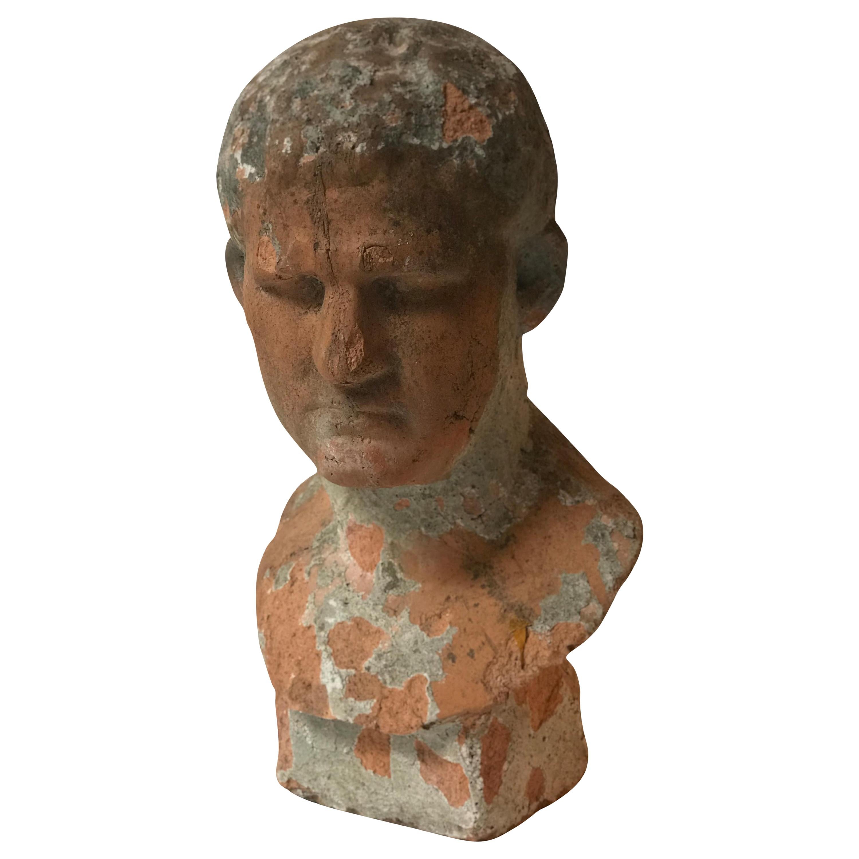 Terra Cotta Bust of Man with Cement Remnants from France