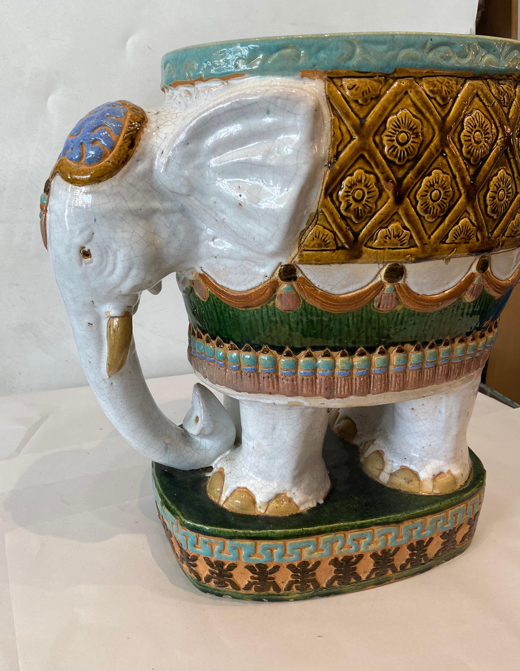 Vintage terracotta elephant planter. Poly-chromed ceramic glazed terracotta planter could be used both indoors or outdoors In very good condition.