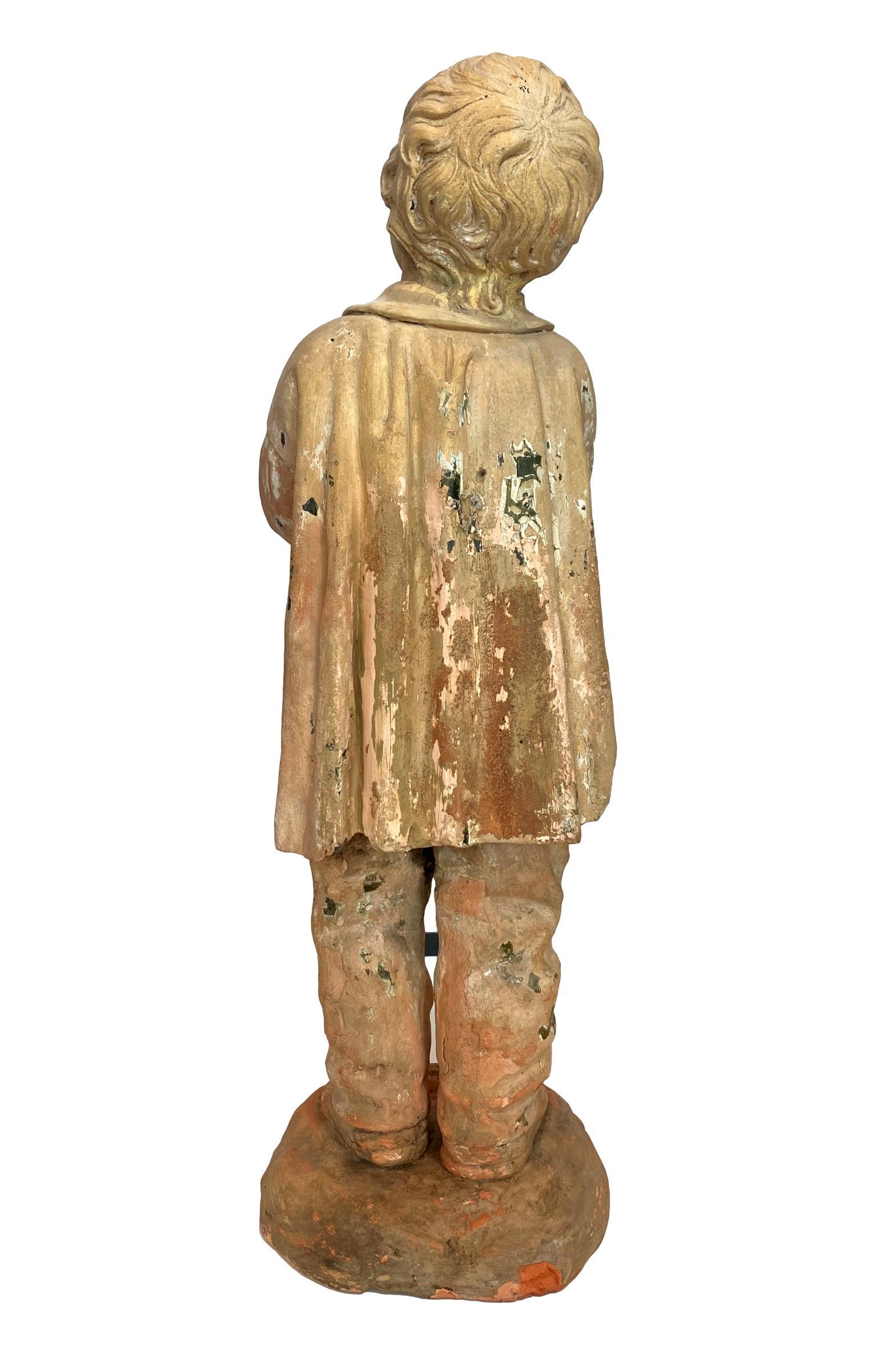 Belle Époque Terra Cotta Figure of a Boy with Hat, French, ca. 1890