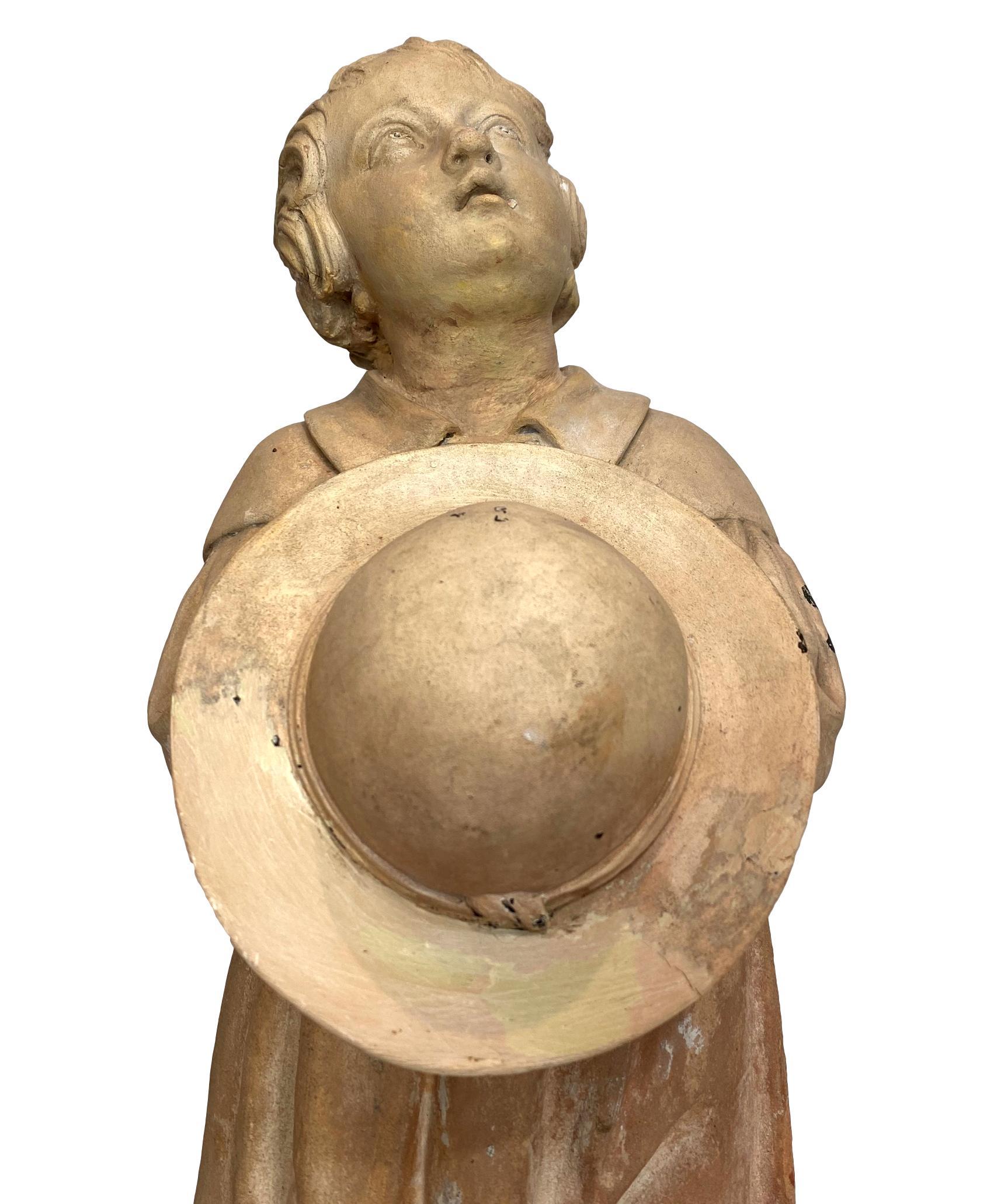 19th Century Terra Cotta Figure of a Boy with Hat, French, ca. 1890