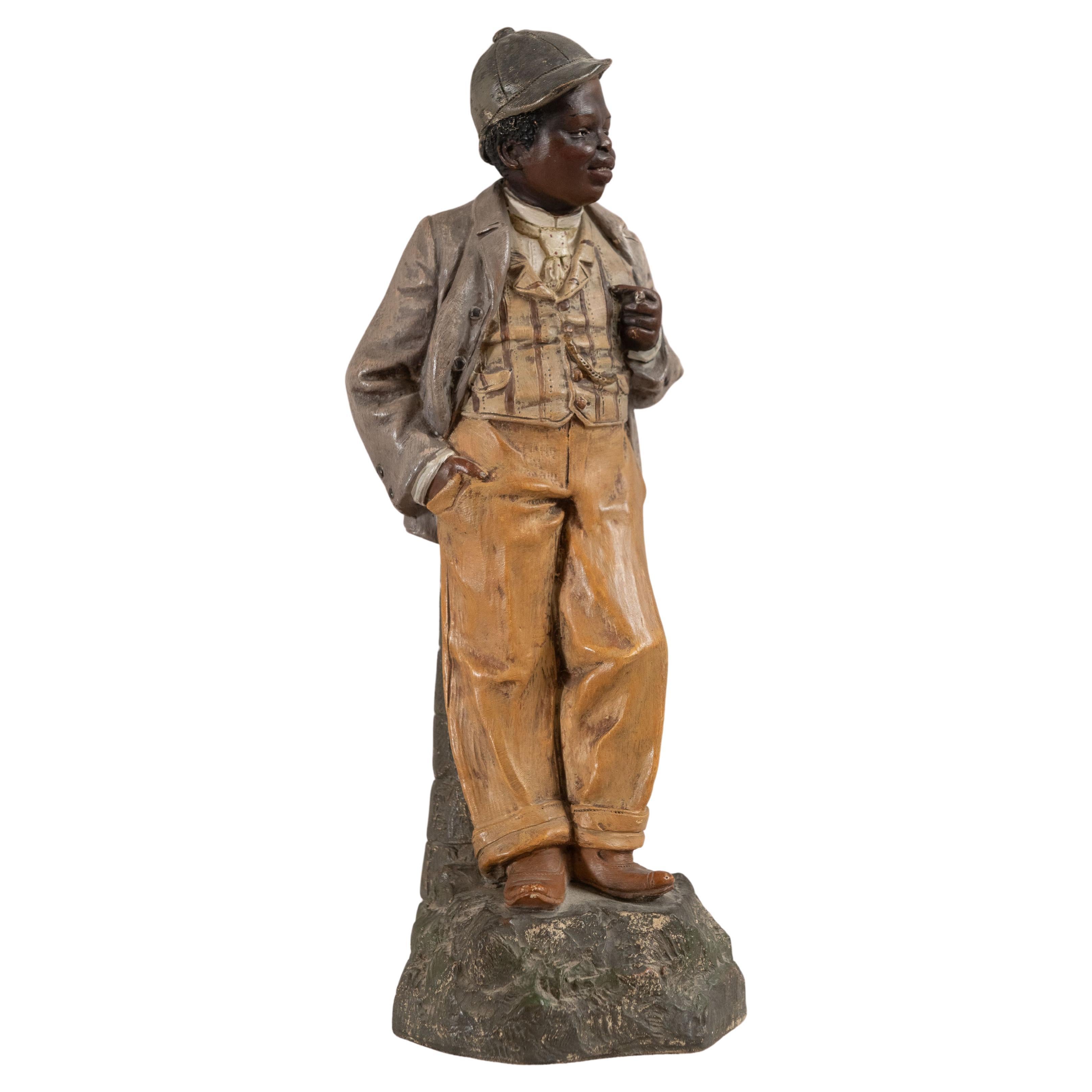 Figura di giovane uomo in terracotta, con sigaro, Black Americana, Austriaca, 1870 ca.