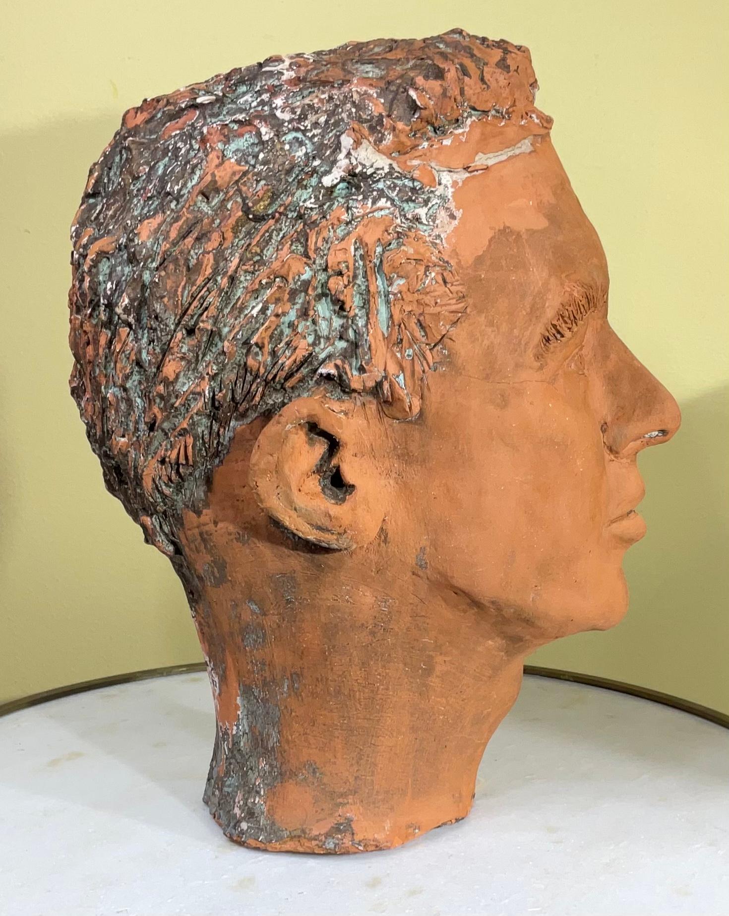 Hand-Crafted Terra Cotta Head Bust of a Handsome Man For Sale