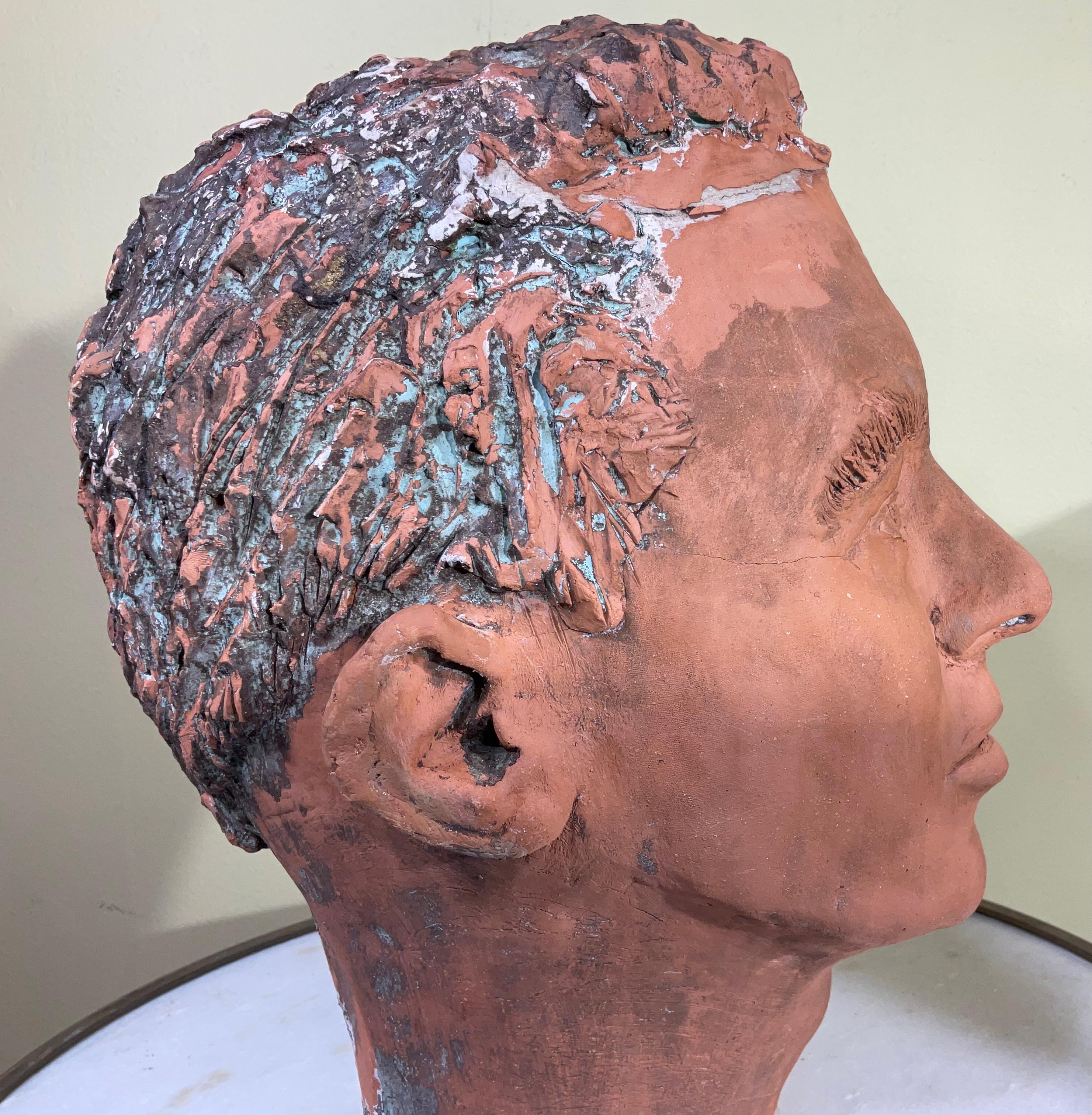 Terra Cotta Head Bust of a Handsome Man In Good Condition For Sale In Delray Beach, FL