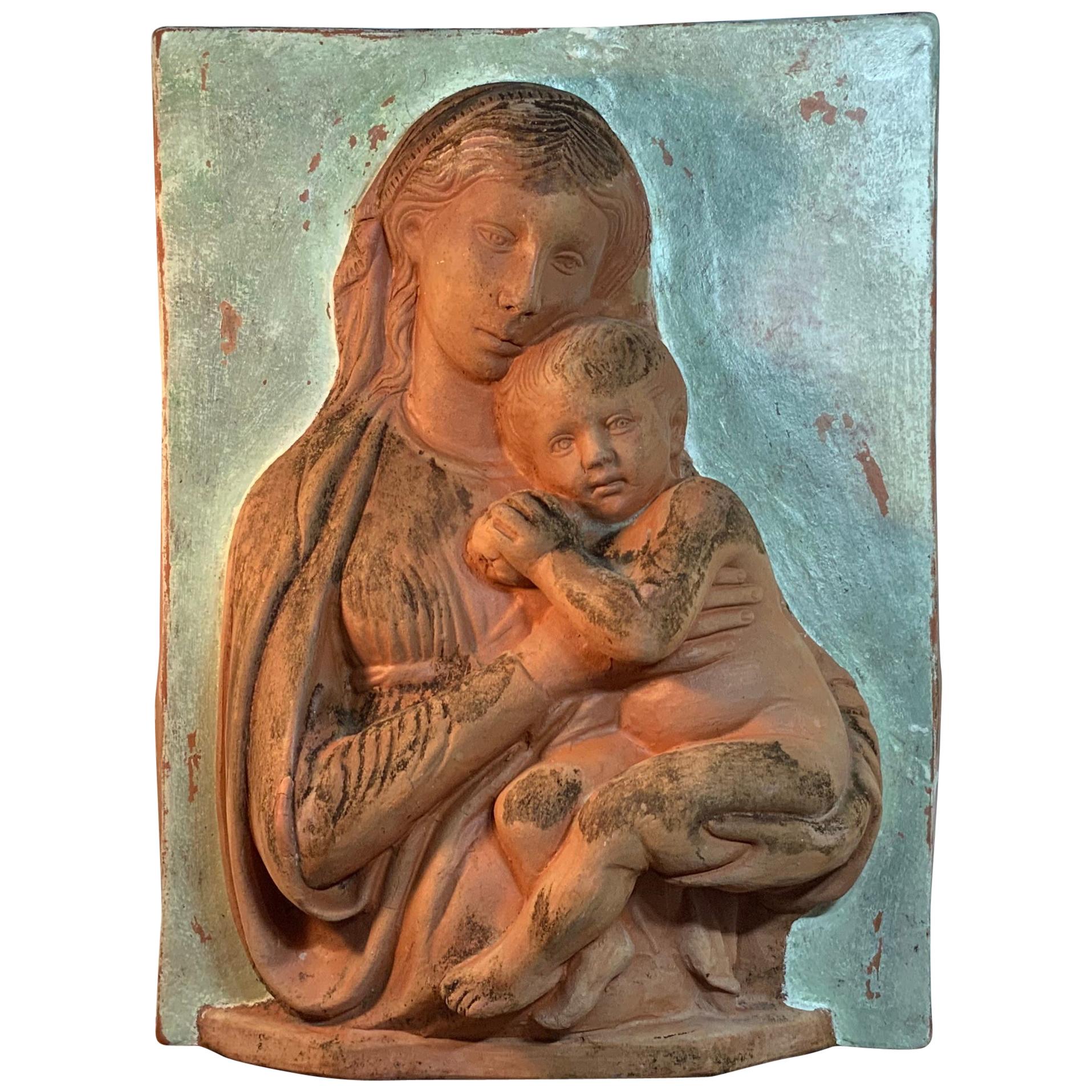 Terracotta Italian Sculpture of Mother and Child for Palmiery