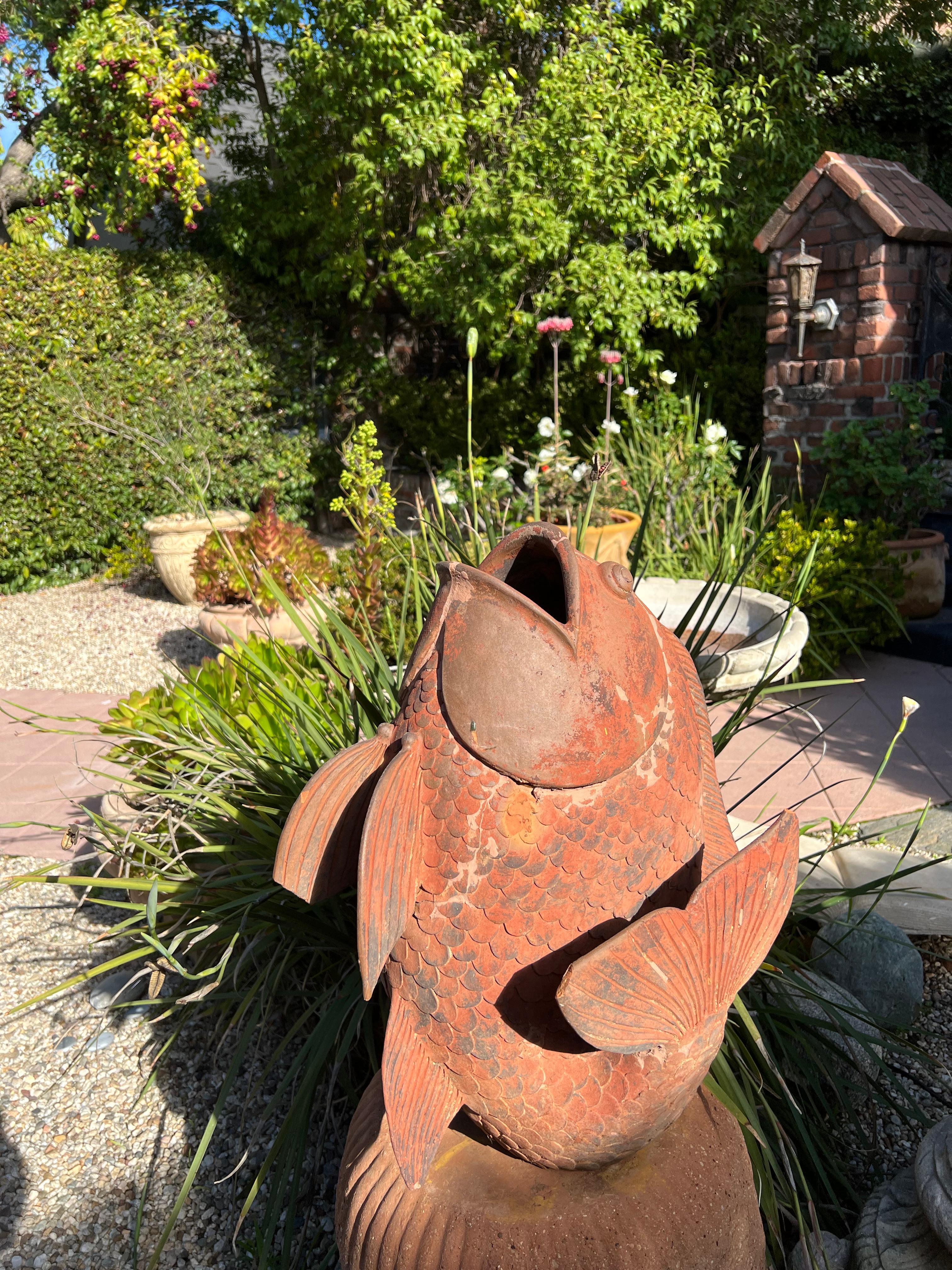 Hand-Crafted Terra Cotta Koi Fish Planter Garden Ornament